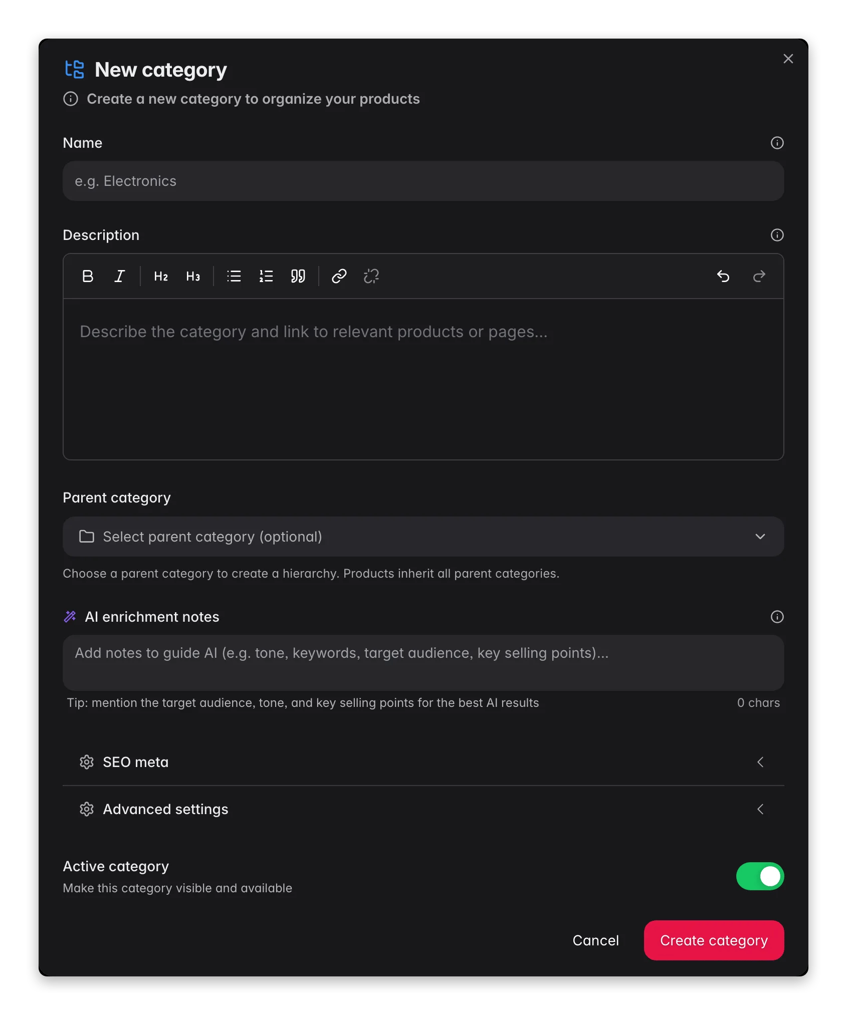 WISEPIM new category modal with name, path and parent for building the category tree