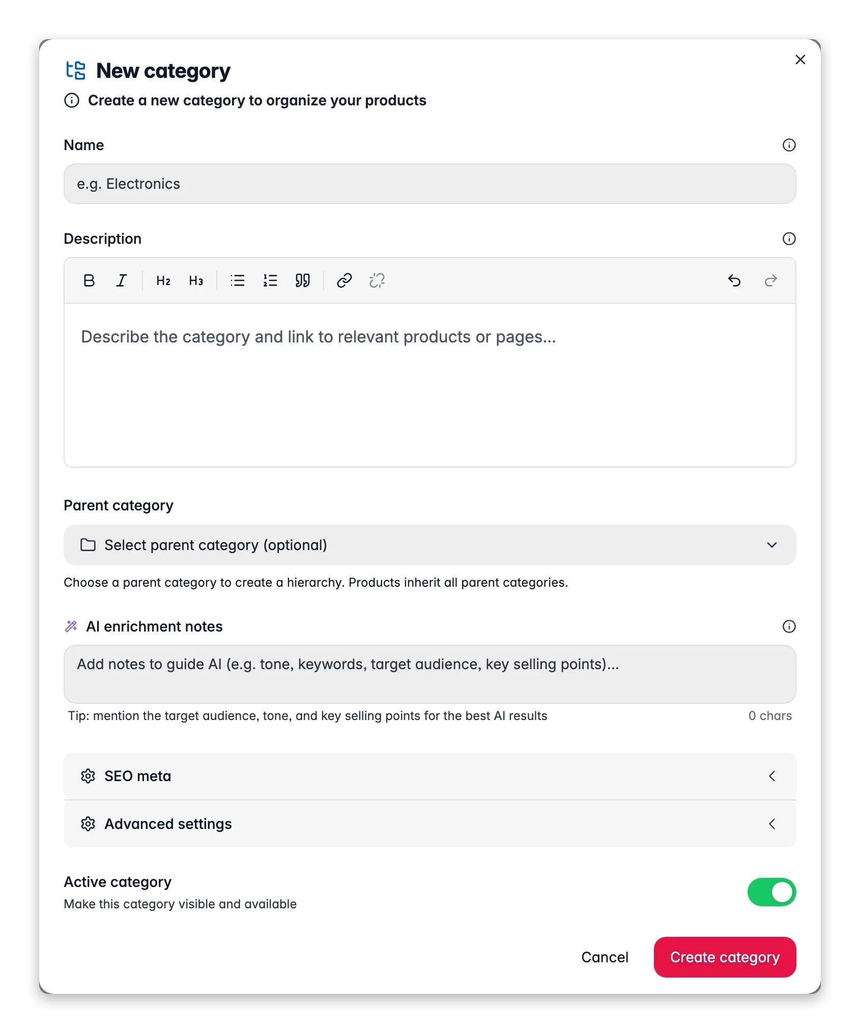 WISEPIM new category modal with name, path and parent for building the category tree