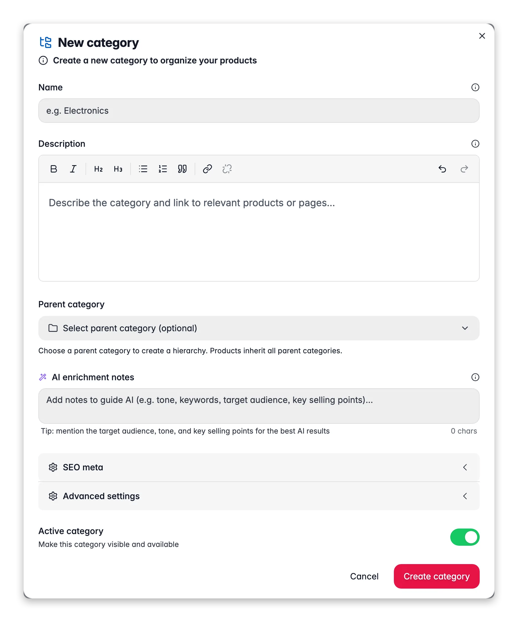 WISEPIM new category modal with name, path and parent for building the category tree