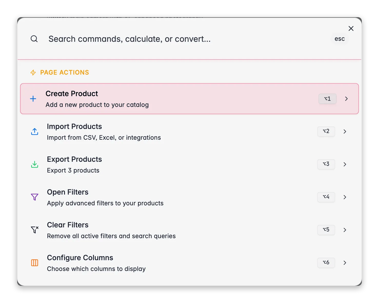 Menú de comandos de WISEPIM (⌘K) con acciones de página contextuales para la vista de productos