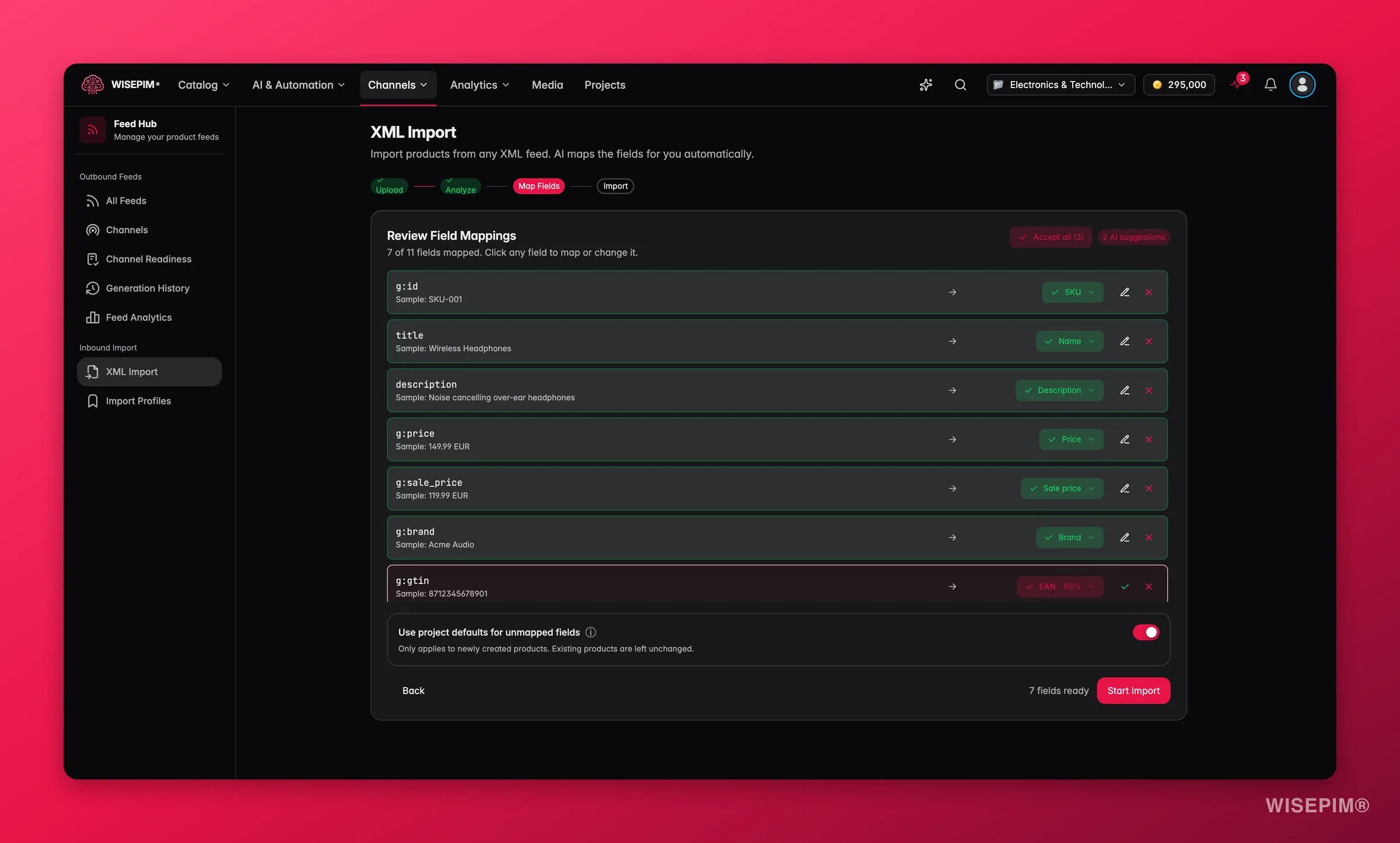 WISEPIM Feed Hub XML import with the AI field-mapping review with confidence chips and accept/reject