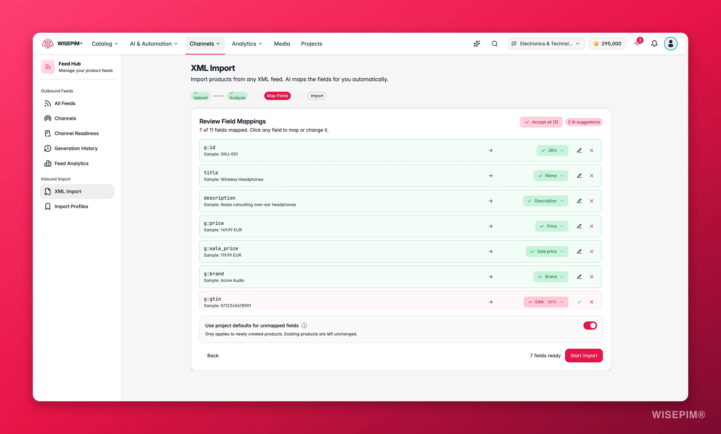 WISEPIM Feed Hub XML import with the AI field-mapping review with confidence chips and accept/reject