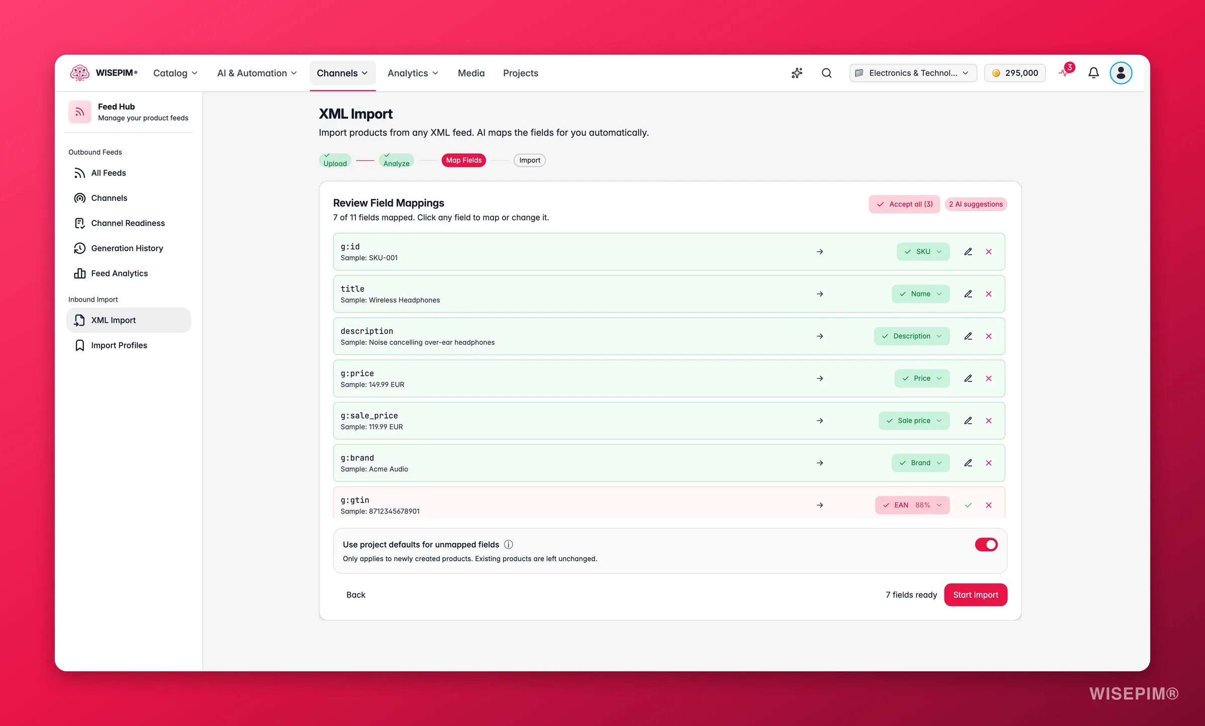 WISEPIM Feed Hub XML import with the AI field-mapping review with confidence chips and accept/reject
