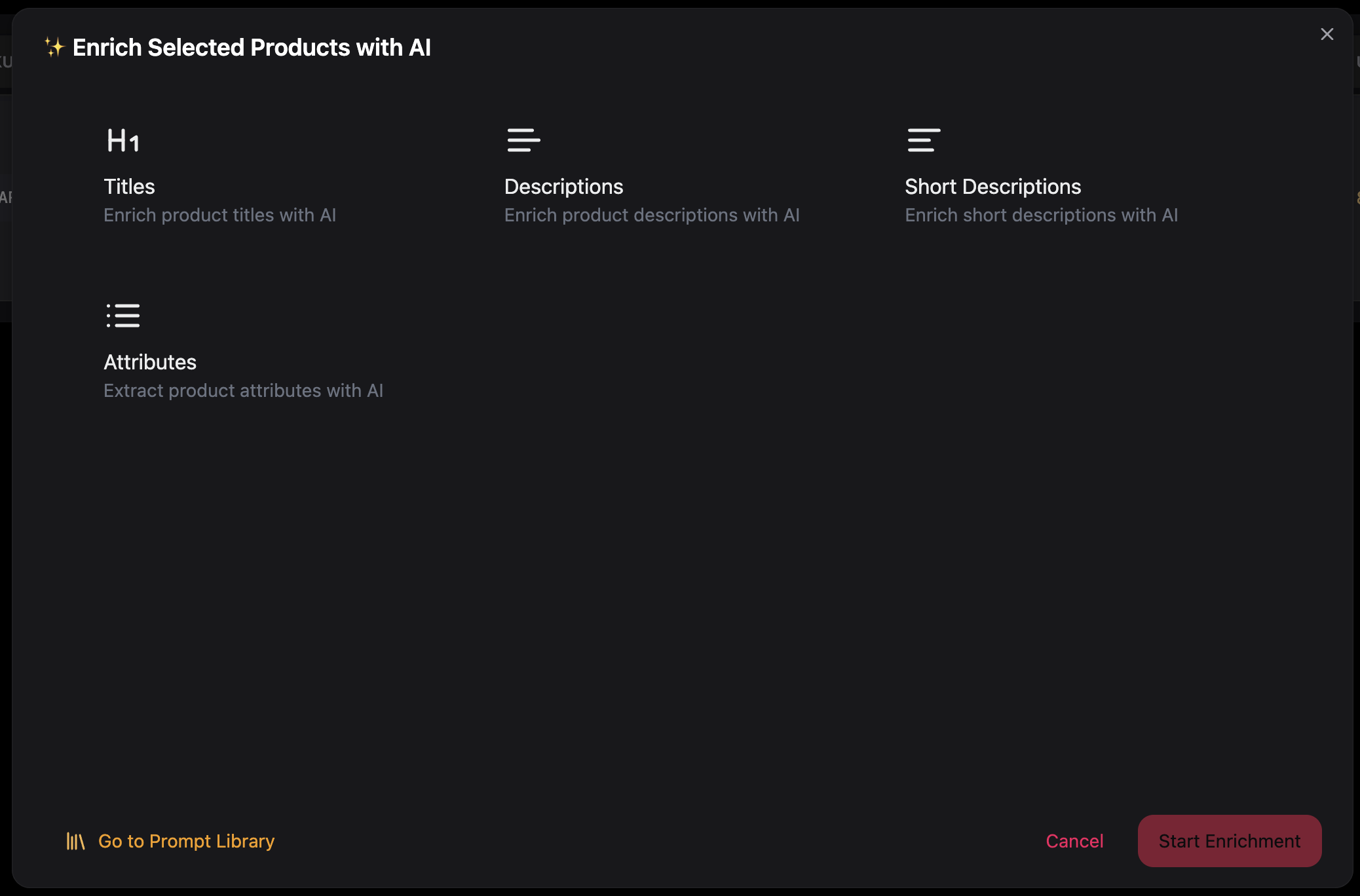 Enrichment modal showing prompt selection and configuration options