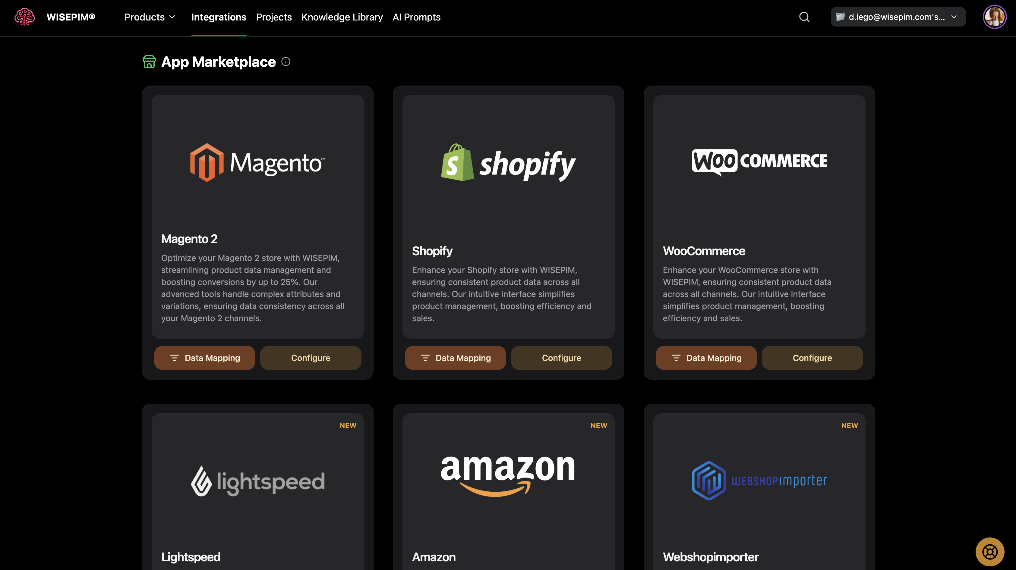 Integrations page showing platform configuration options and marketplace