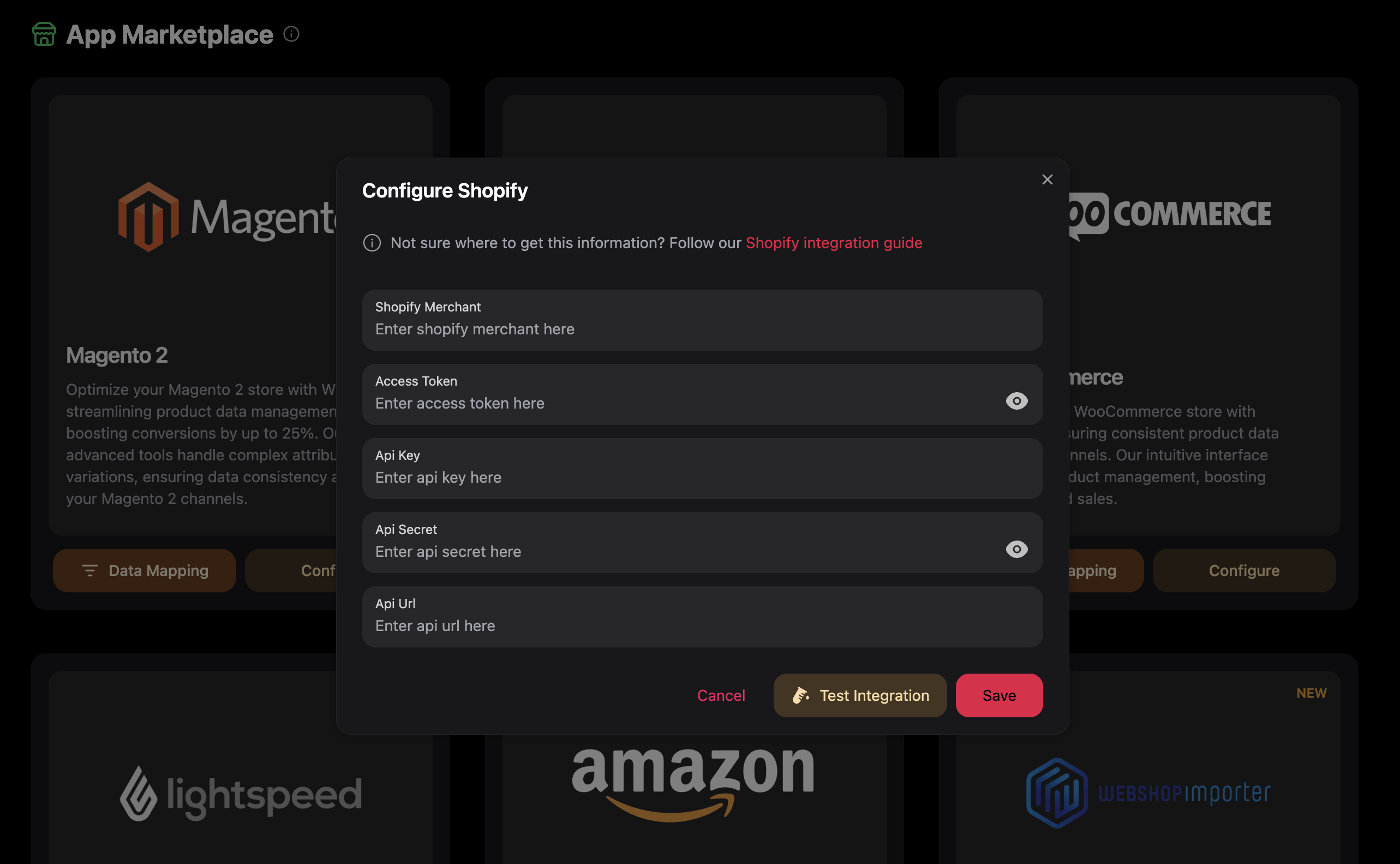 Import modal showing platform selection options and available integrations