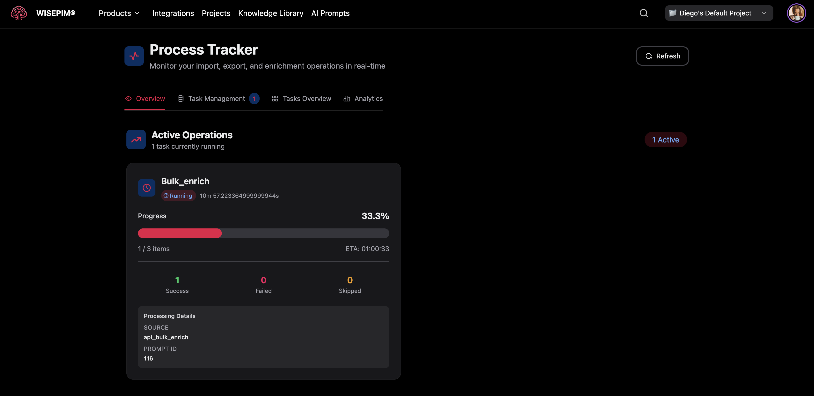 Process Tracker dashboard showing different task types and status indicators