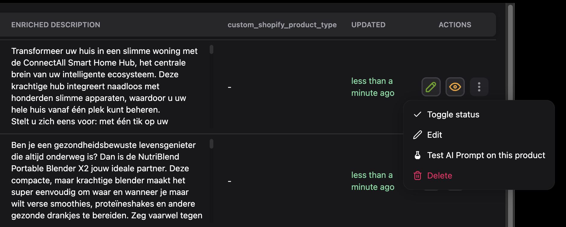 Products page with Export button highlighted in the actions toolbar
