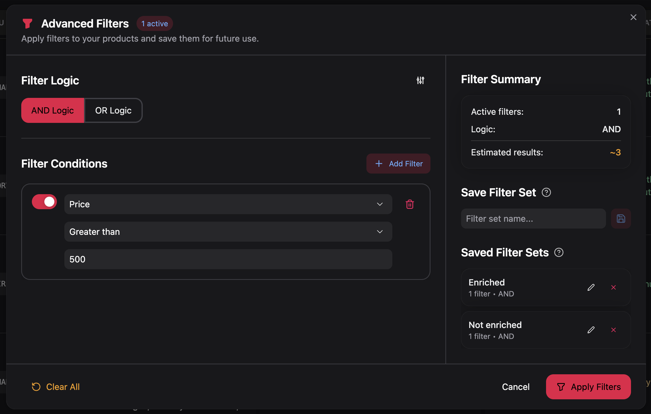 Advanced filters panel showing sample filters configured for product search
