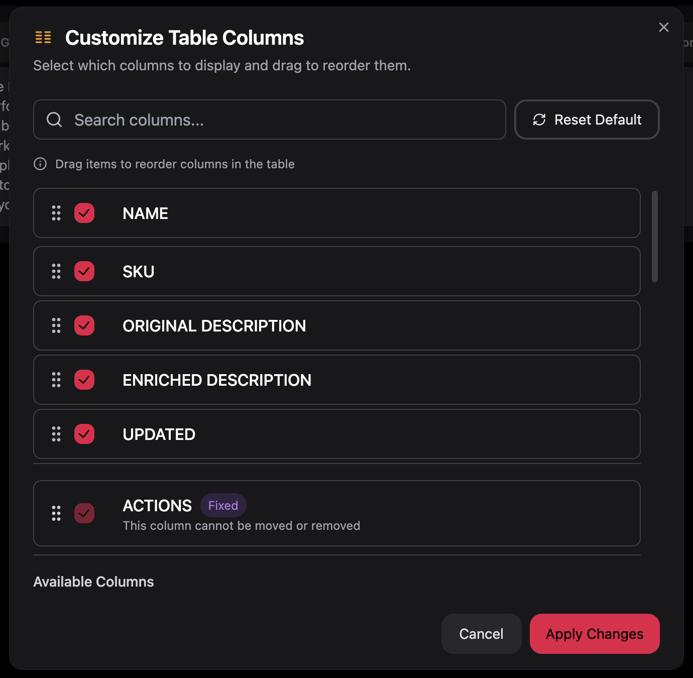 Column selection modal showing drag-and-drop interface for customizing table columns