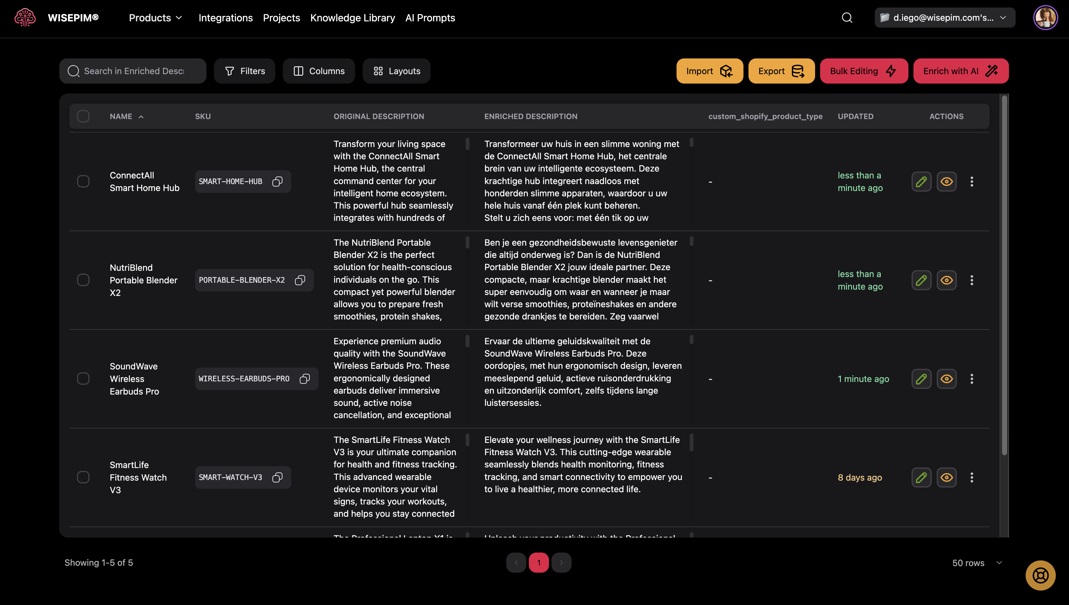 Products page with Import button highlighted in the toolbar