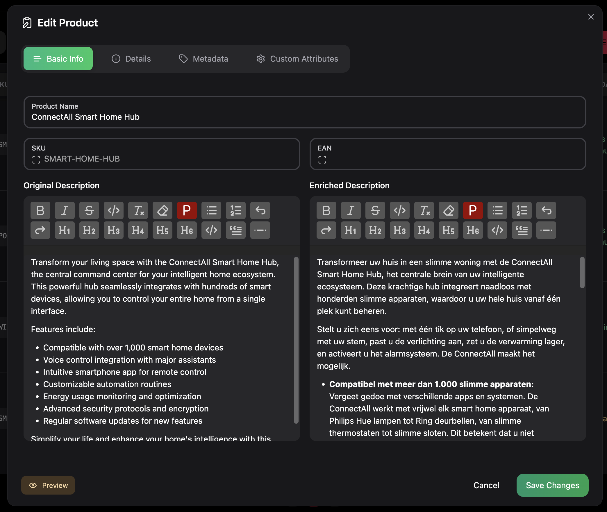 Product preview modal showing detailed product information and edit options