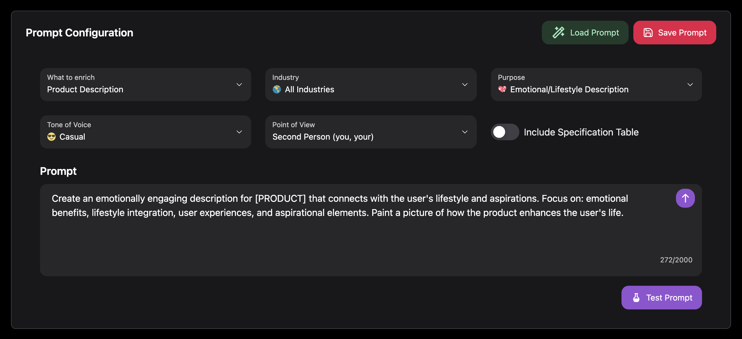 Industry and configuration settings in Prompt Lab showing available options and customization