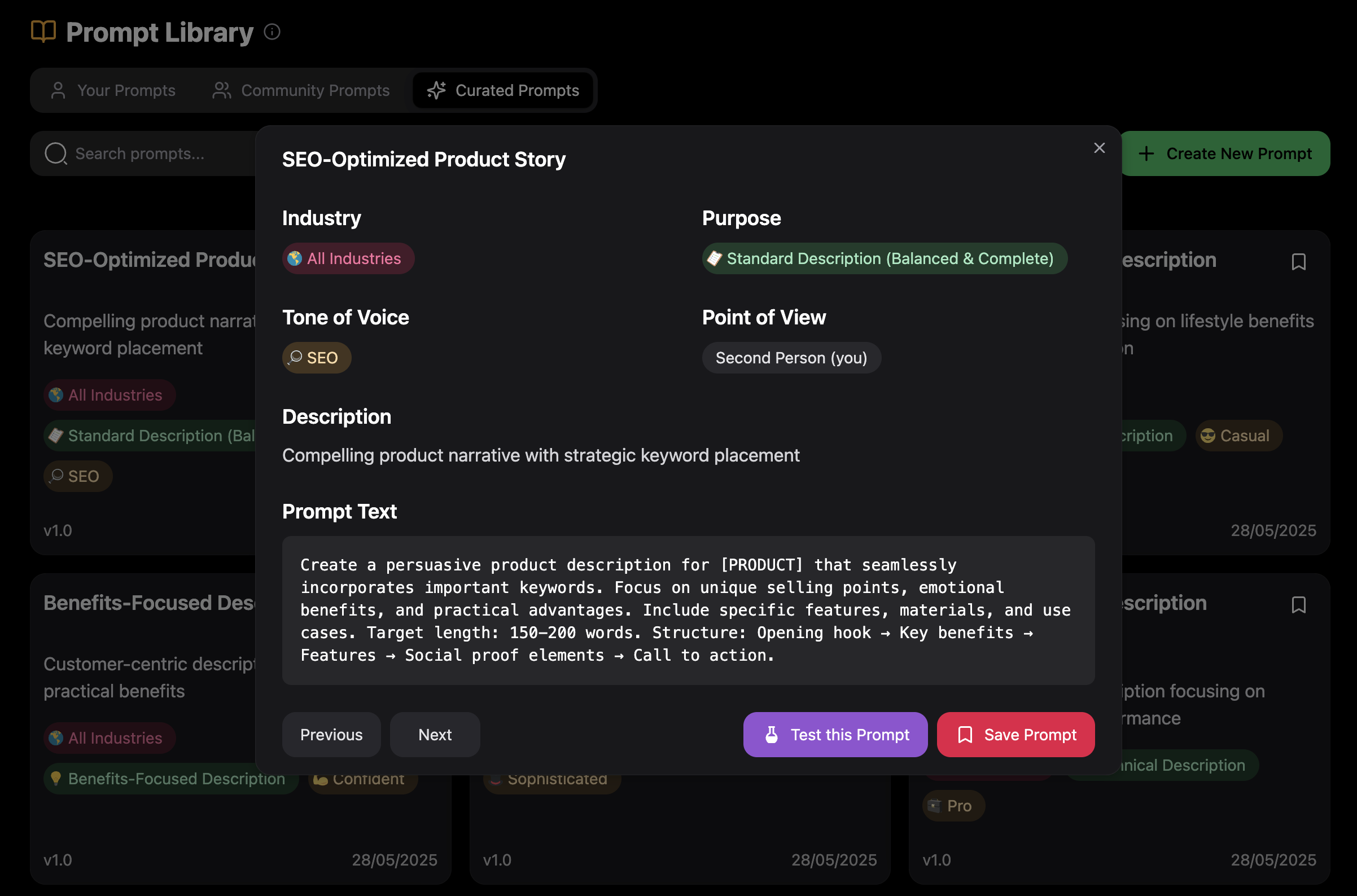 Prompt cards displaying all information elements including title, description, and metadata