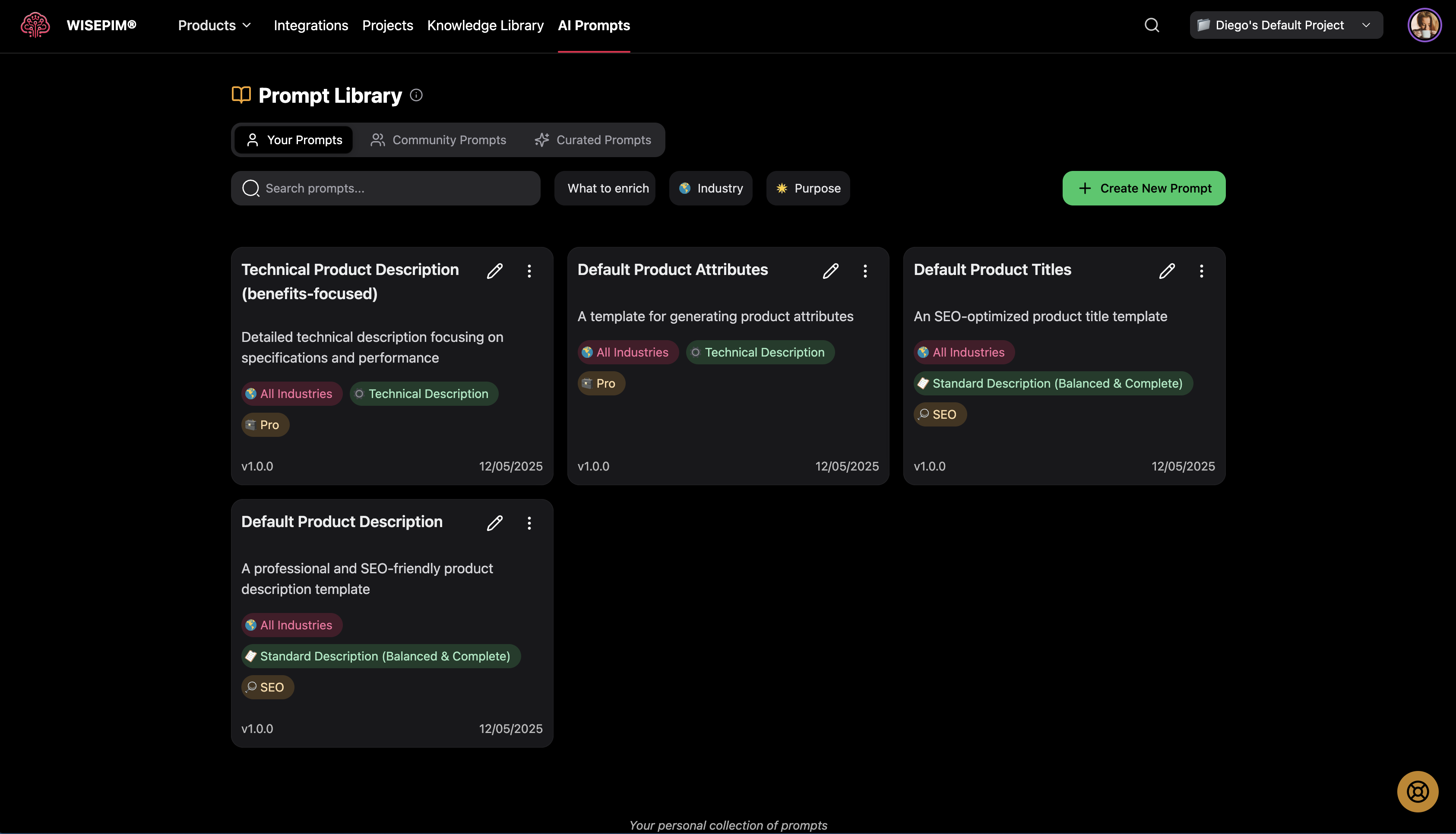 Prompt Library interface showing the three-tab layout with different prompt collections