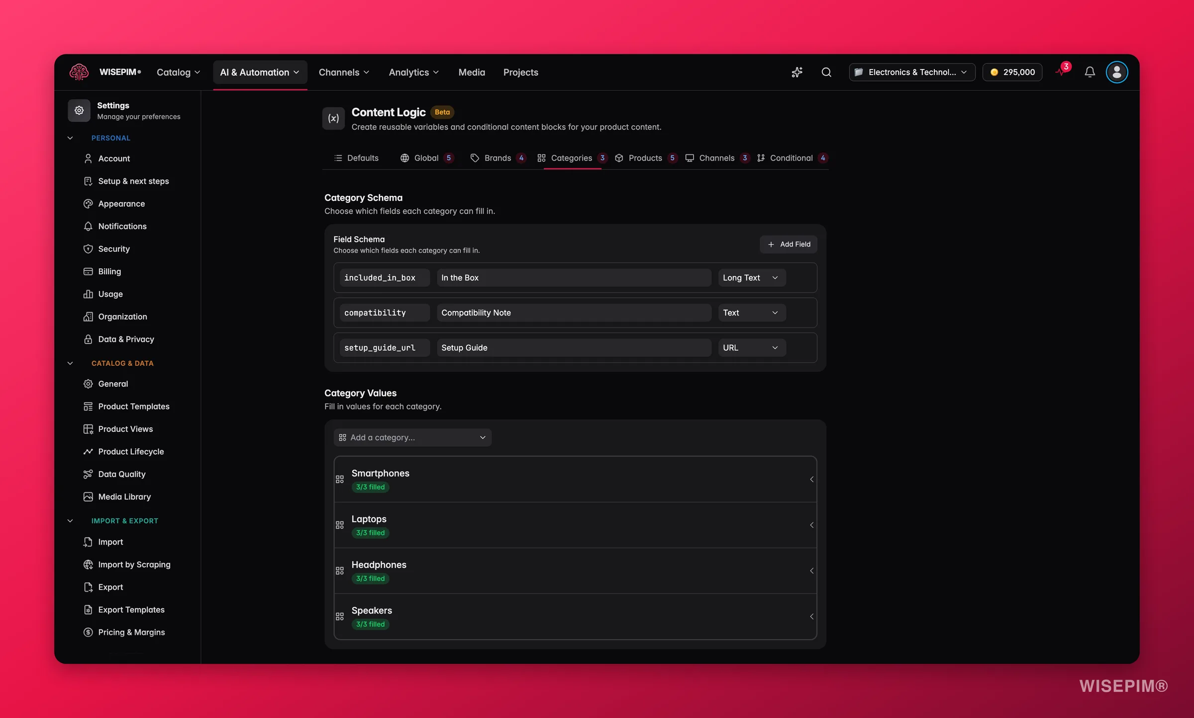 WISEPIM content logic - the Categories tab where per-category variables are defined