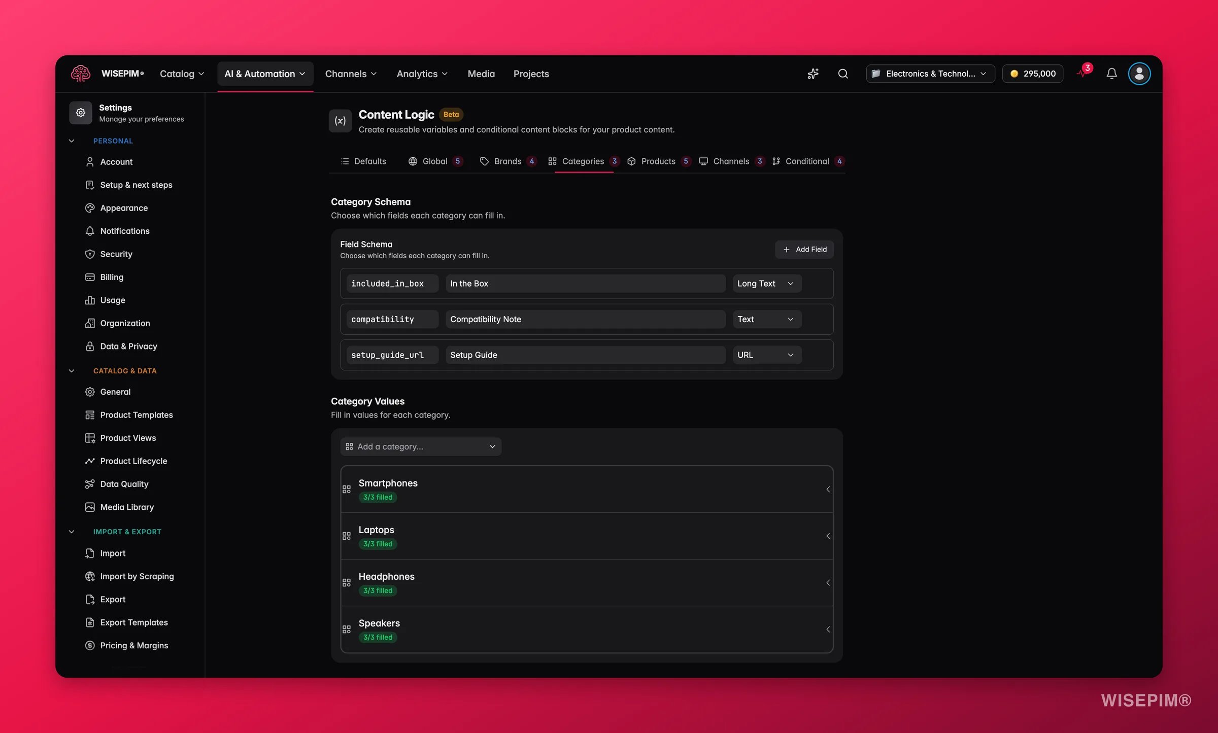 WISEPIM content logic - the Categories tab where per-category variables are defined