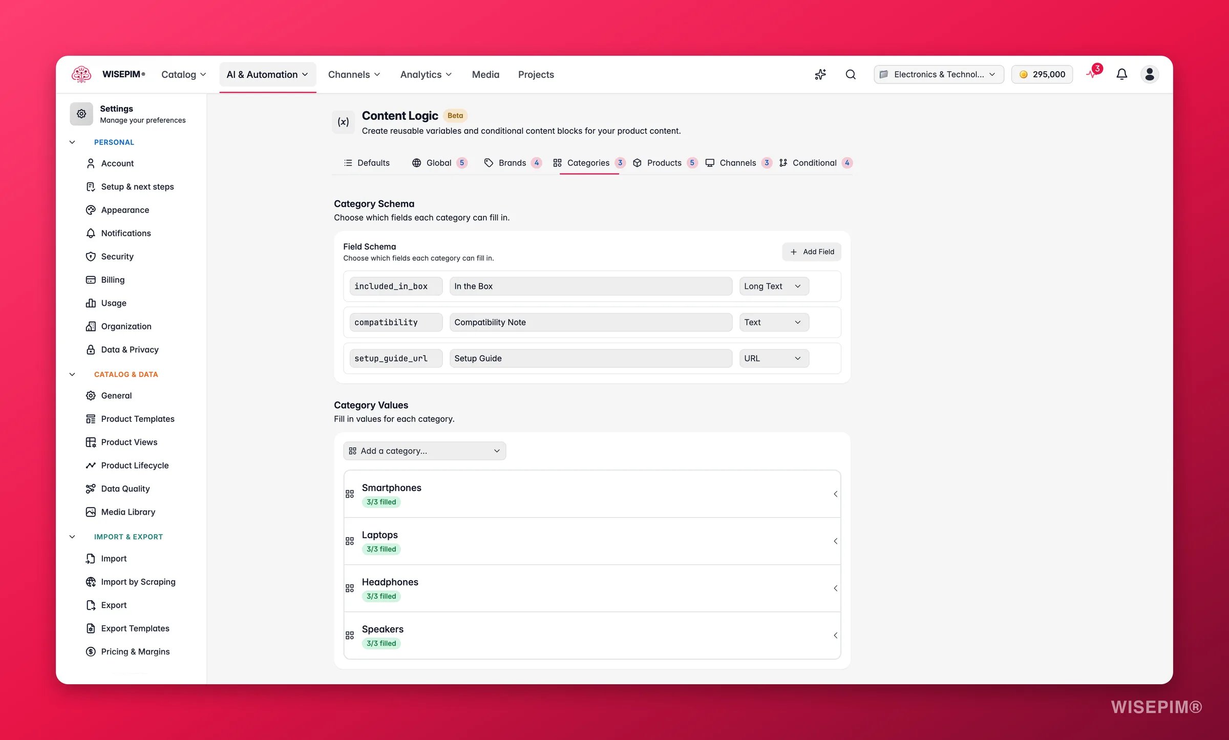WISEPIM content logic - the Categories tab where per-category variables are defined