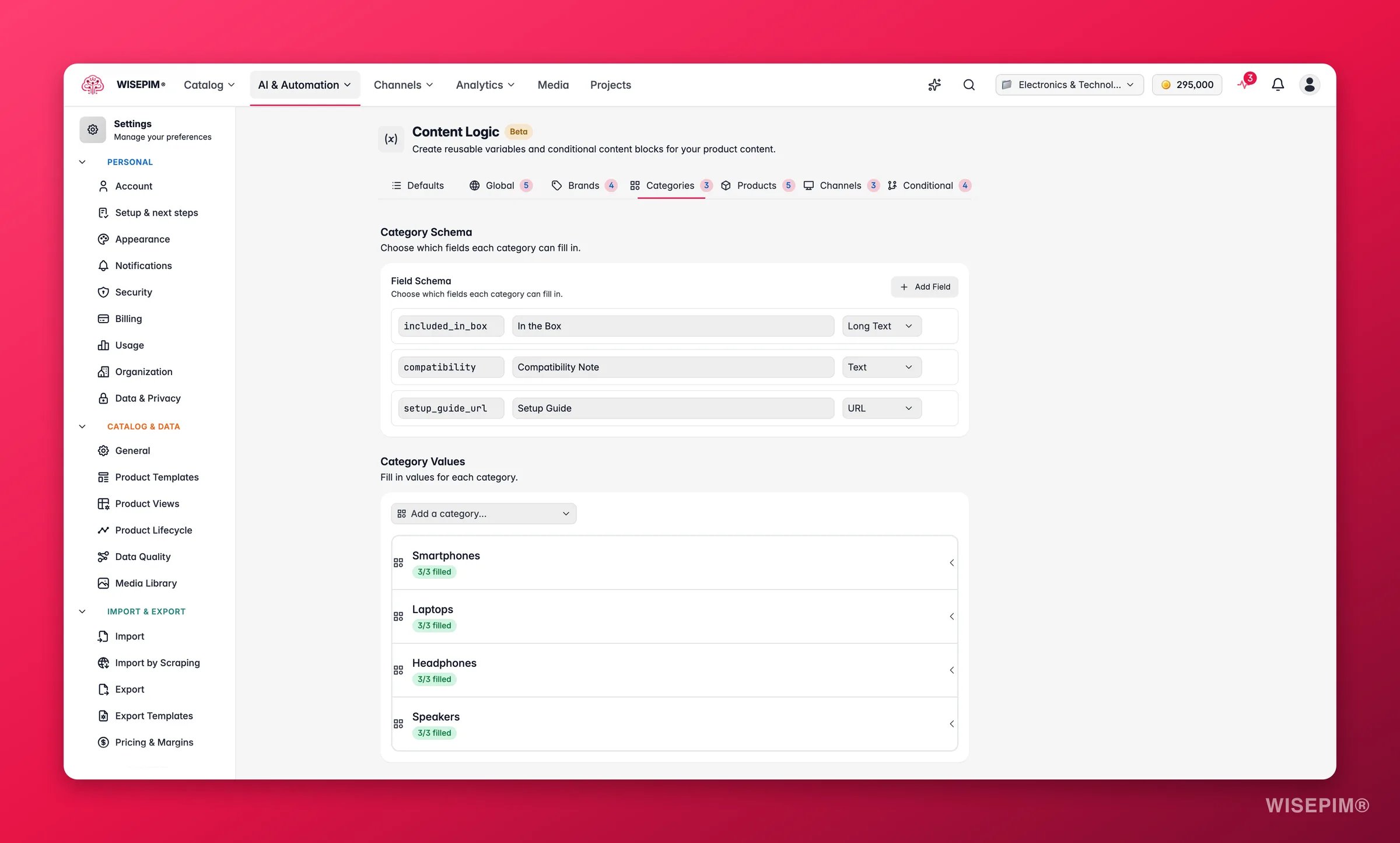 WISEPIM content logic - the Categories tab where per-category variables are defined