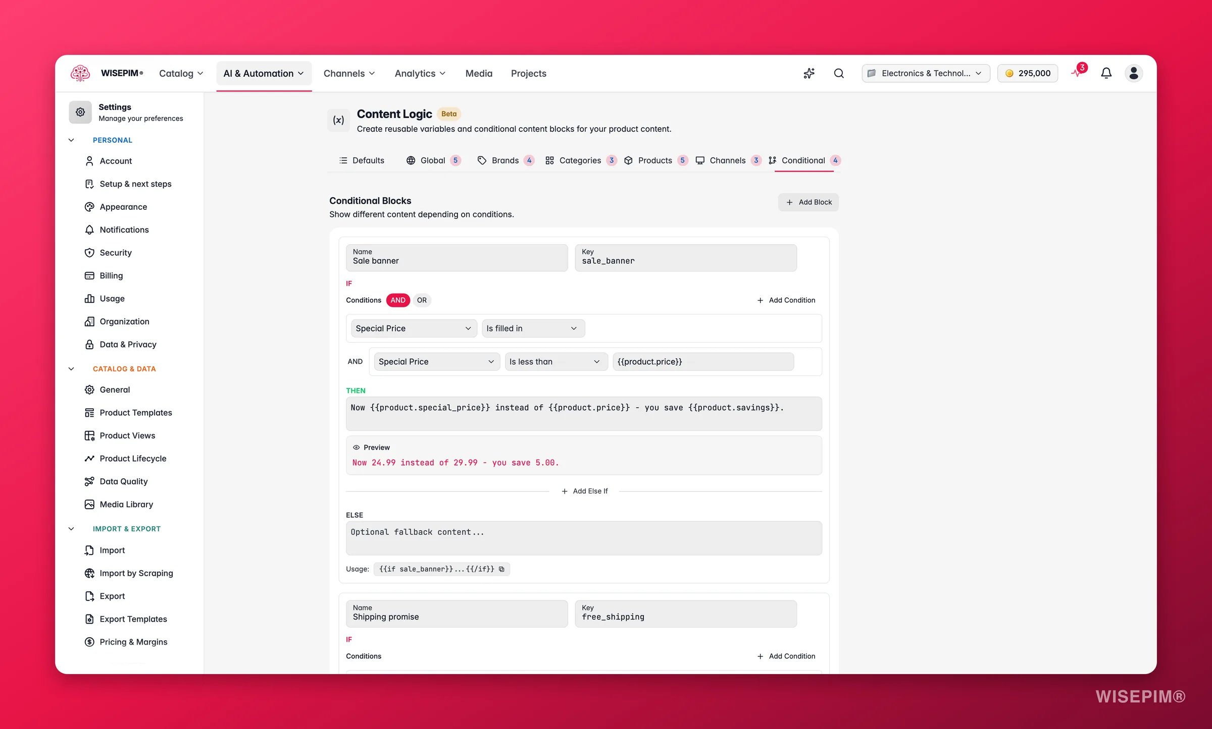 WISEPIM content logic, the Conditional tab where dynamic conditional rules are defined