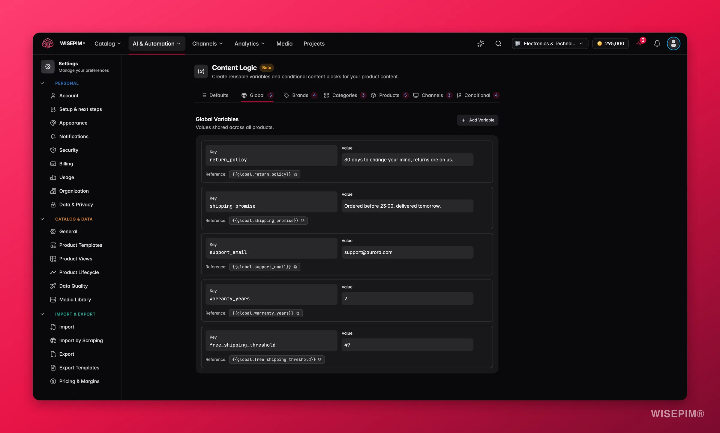 WISEPIM content logic - the Global tab where project-wide variables are defined