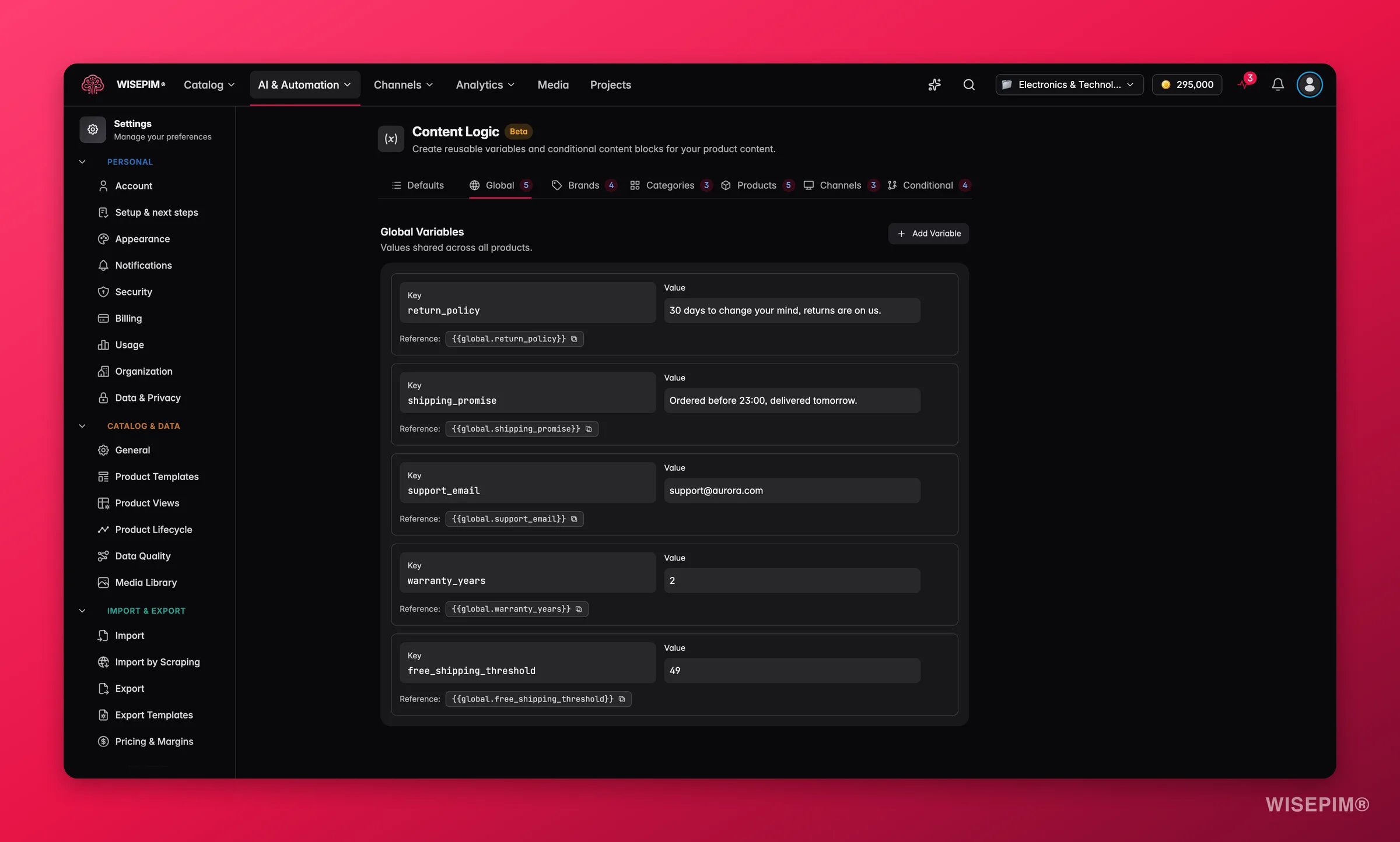 WISEPIM content logic - the Global tab where project-wide variables are defined