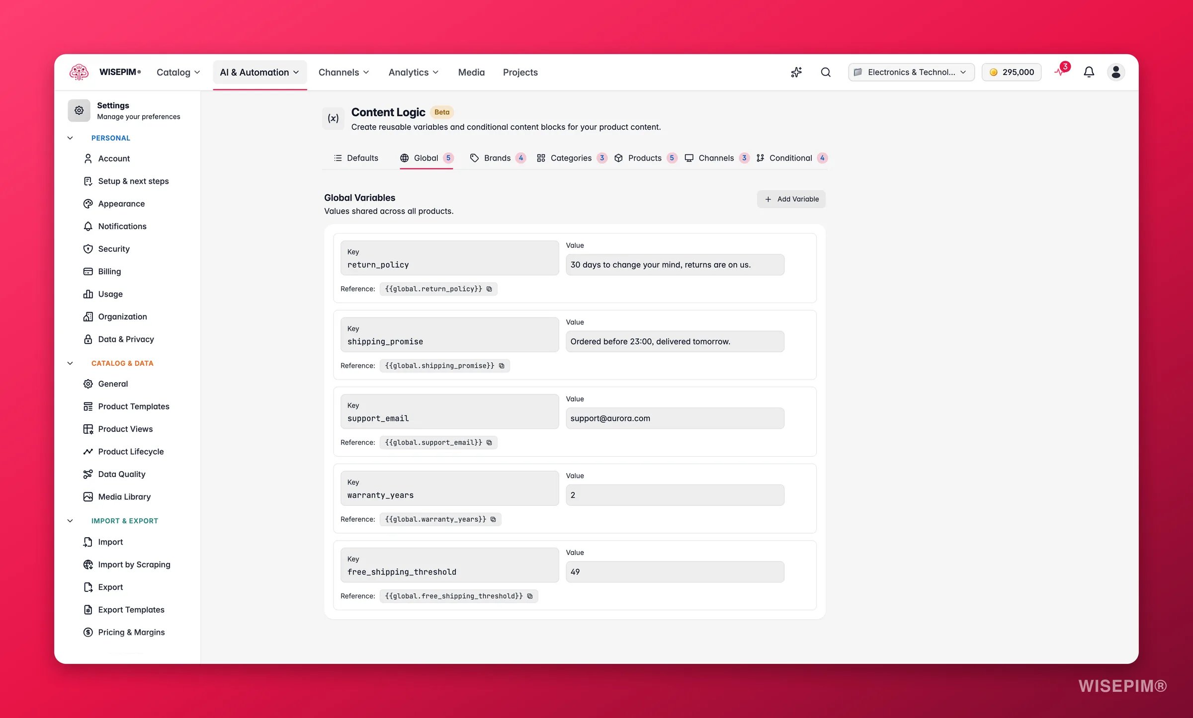 WISEPIM content logic - the Global tab where project-wide variables are defined