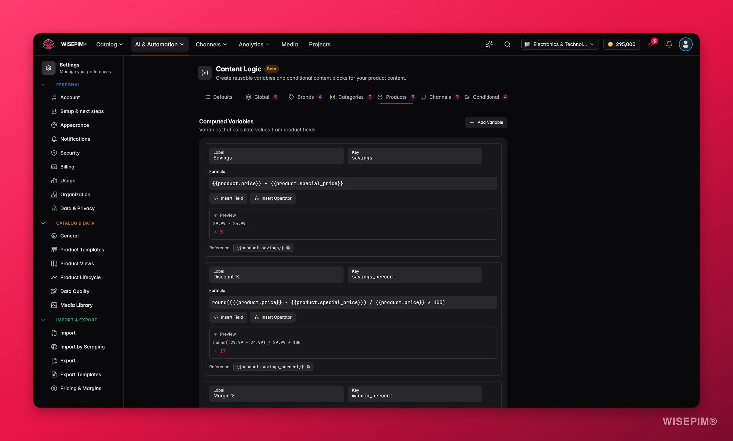 WISEPIM content logic, the Products tab where dynamic products rules are defined
