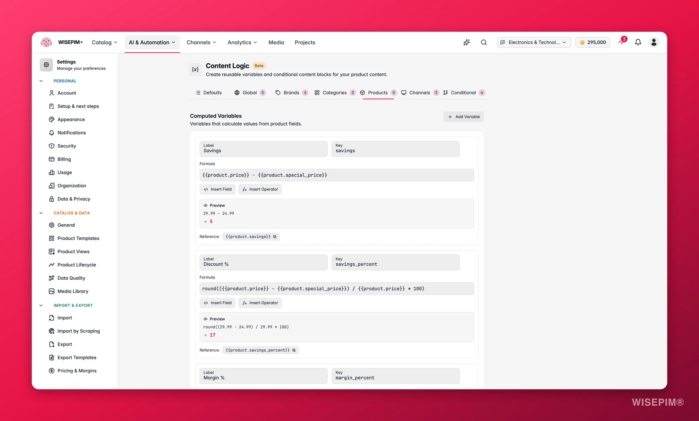 WISEPIM content logic, the Products tab where dynamic products rules are defined