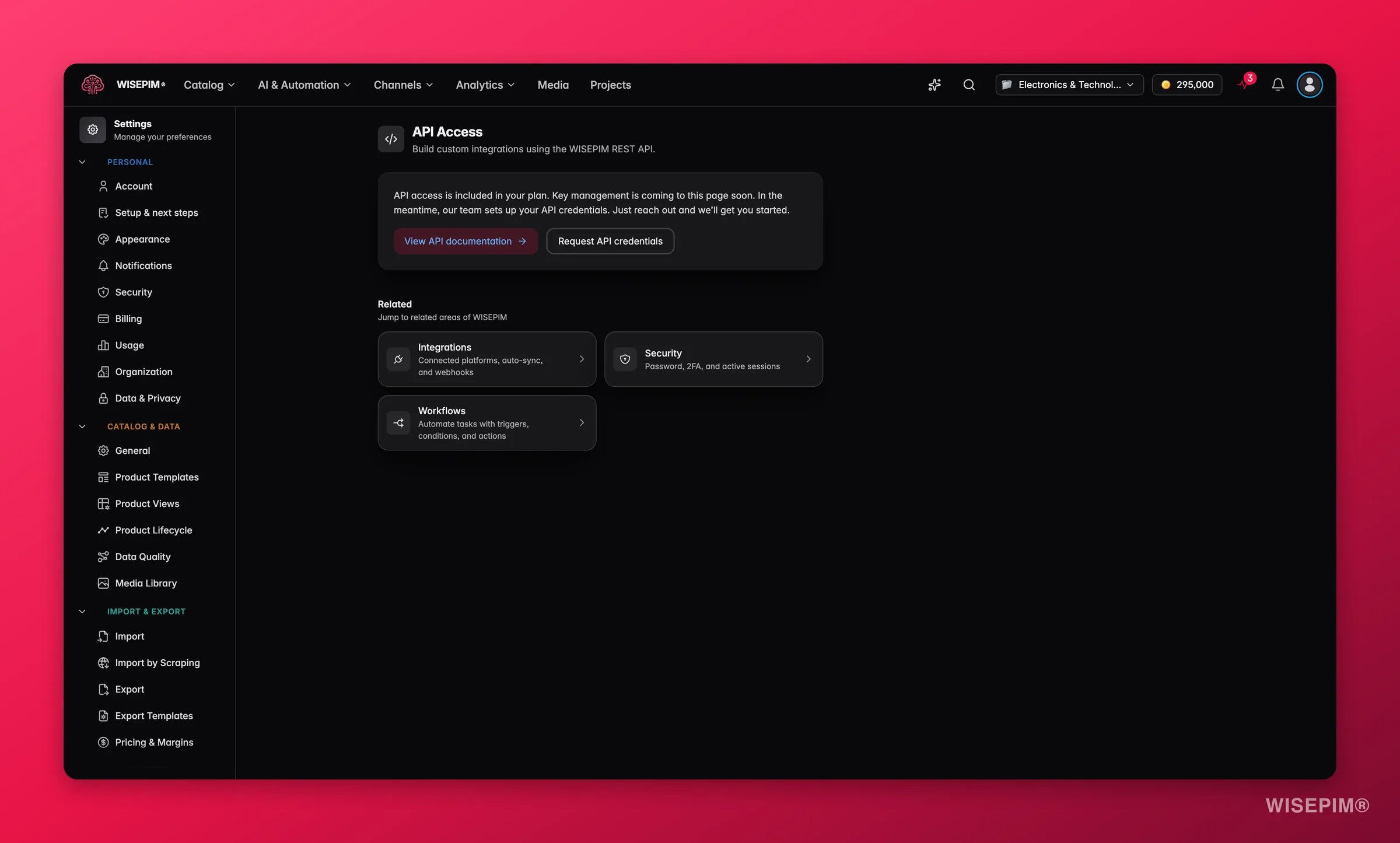 WISEPIM API access settings with a sample authenticated request for programmatic catalog access