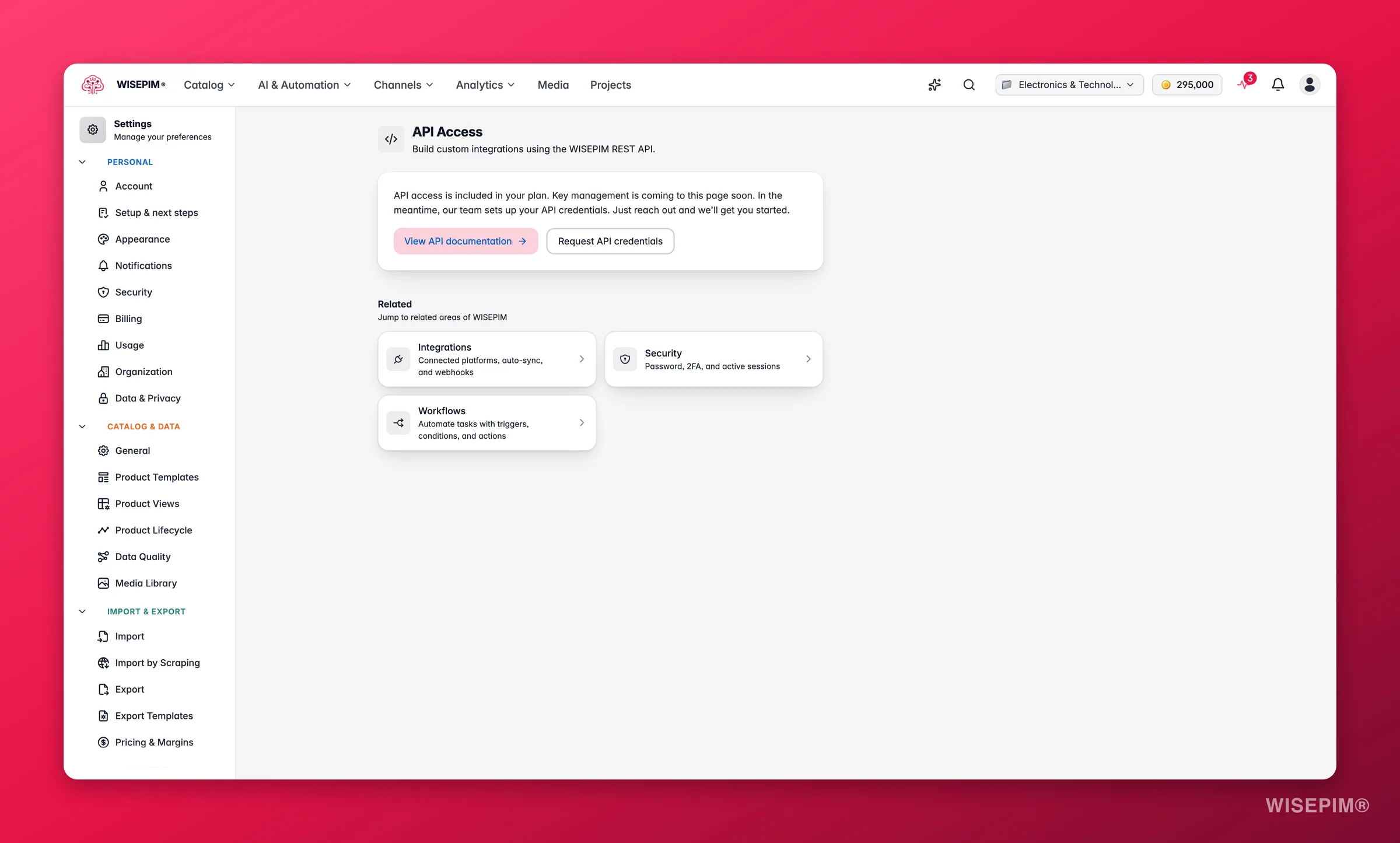 WISEPIM API access settings with a sample authenticated request for programmatic catalog access