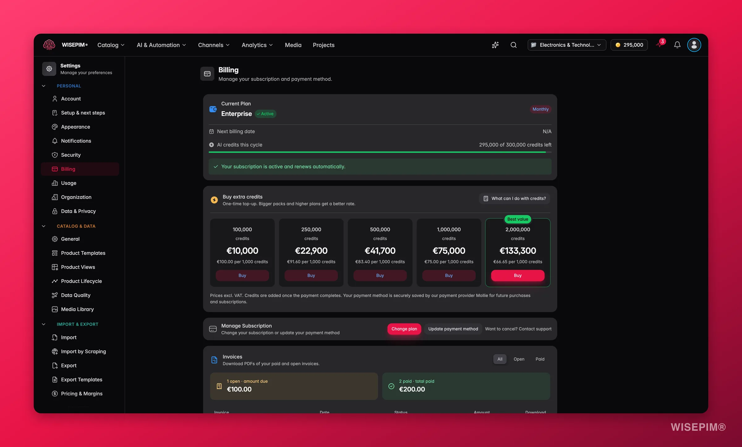 WISEPIM billing, plan and credit usage