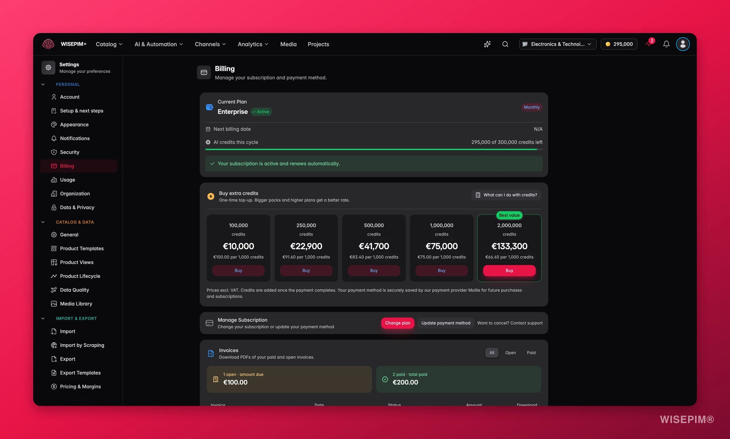 WISEPIM billing, plan and credit usage