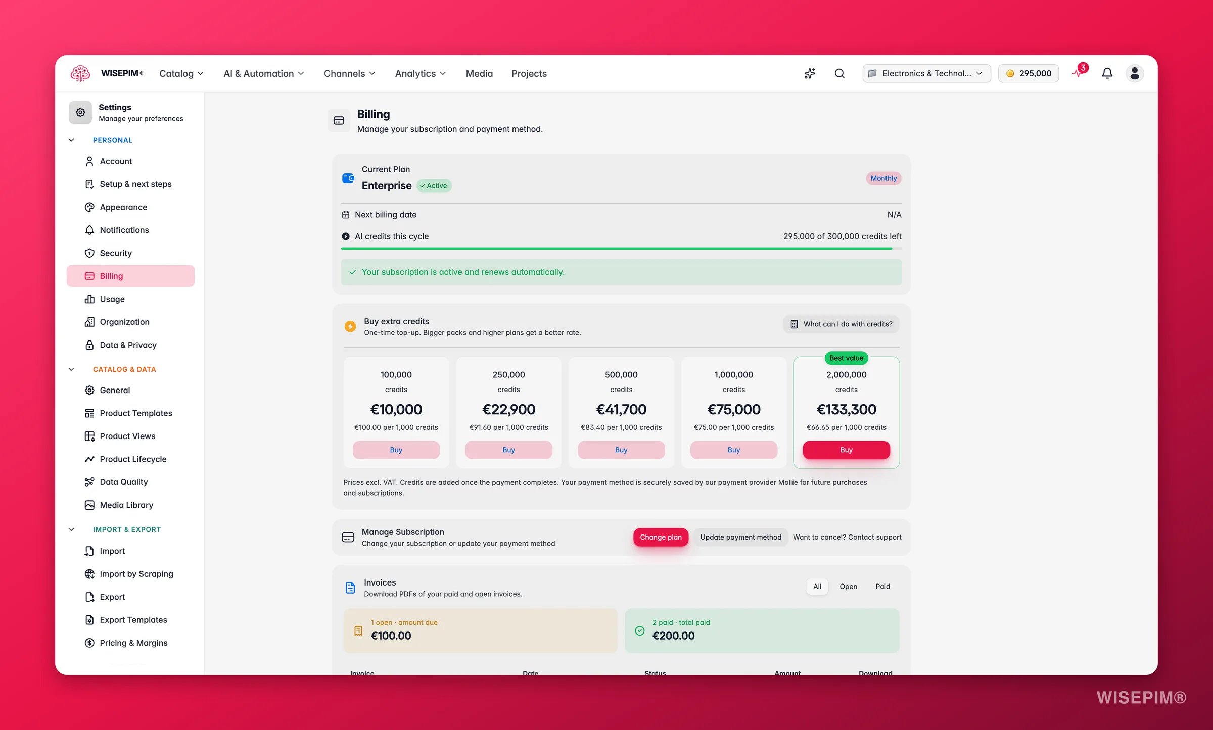 WISEPIM billing, plan and credit usage