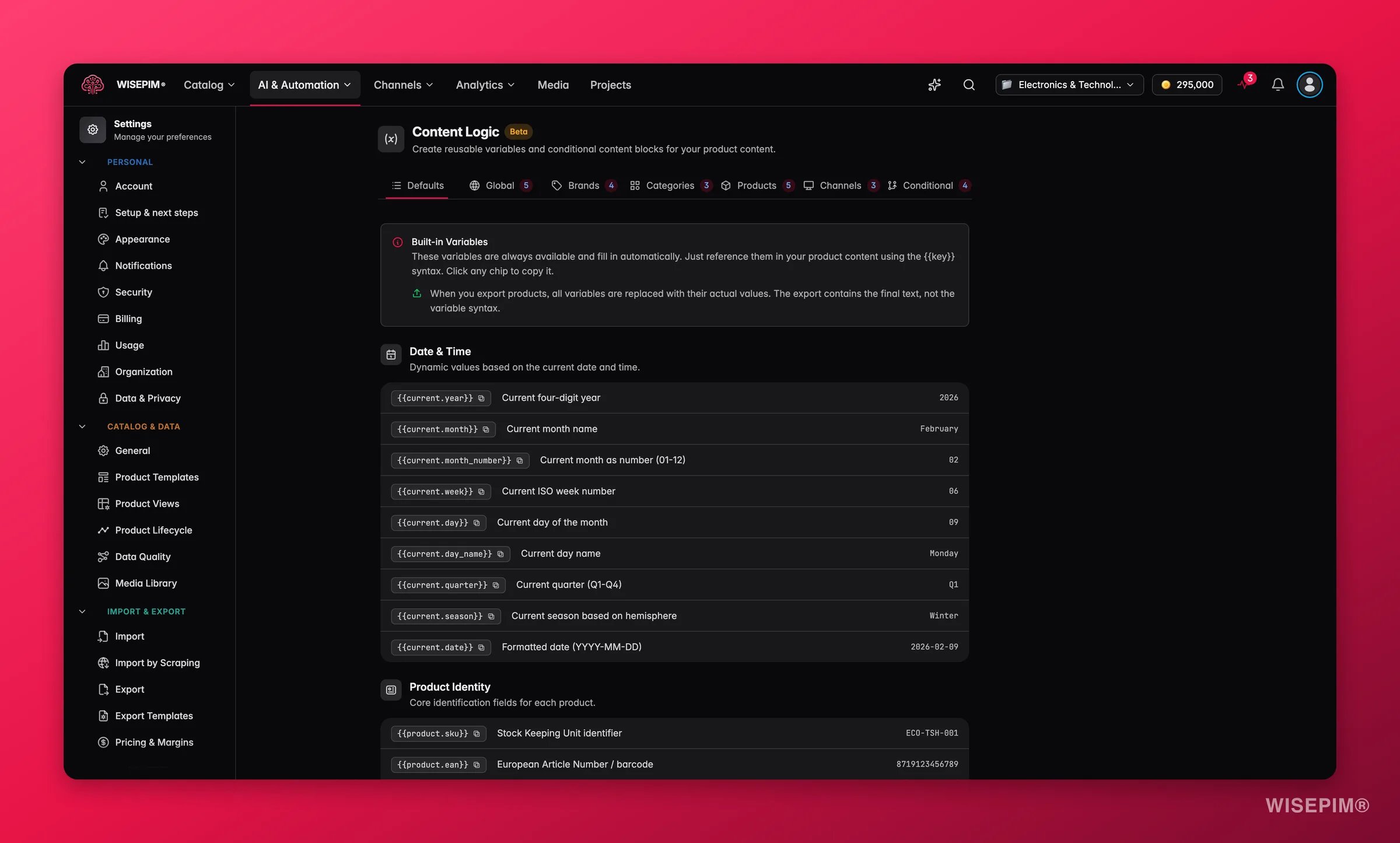 WISEPIM content logic builder with reusable variables, formulas and channel rules