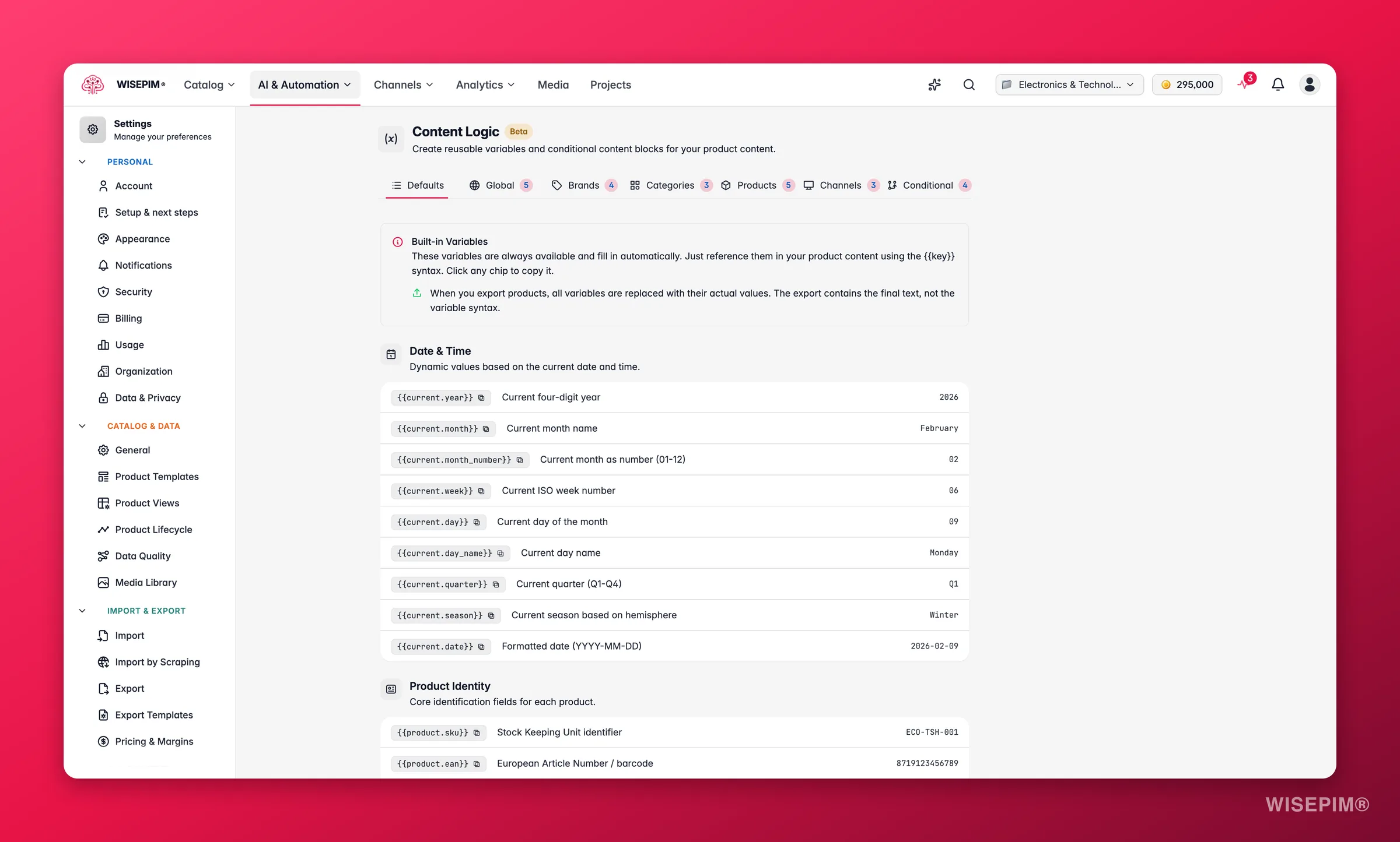 WISEPIM content logic builder with reusable variables, formulas and channel rules