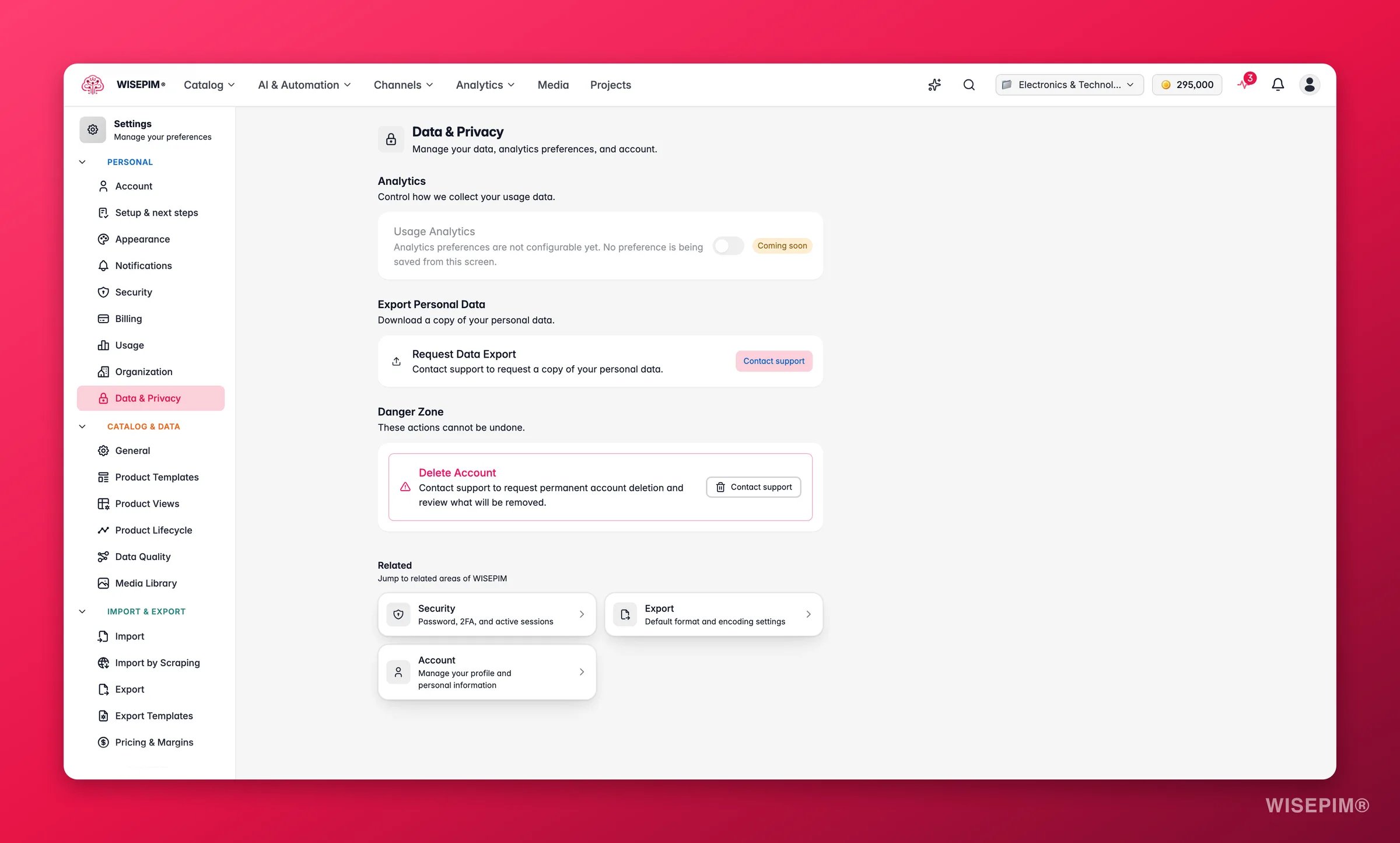 WISEPIM data & privacy settings, analytics consent, personal-data export and account deletion