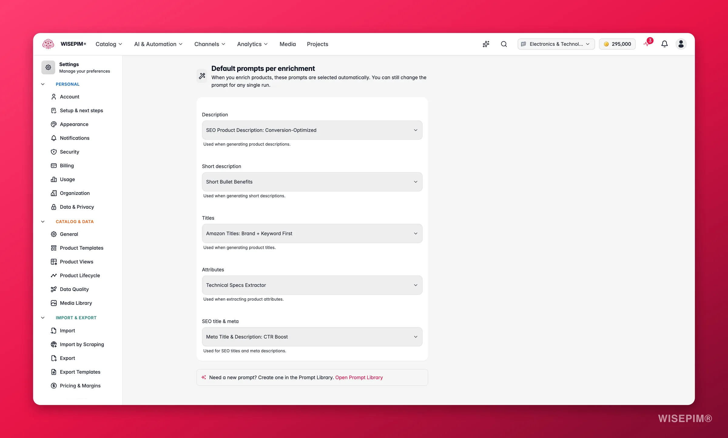 Enrich Prompts settings in WISEPIM, set default prompts for Auto-Fill