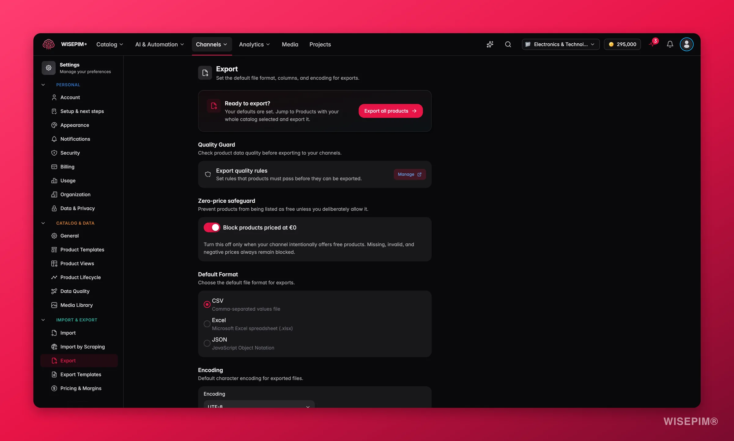 WISEPIM export settings with default format, encoding and Quality Guard export rules