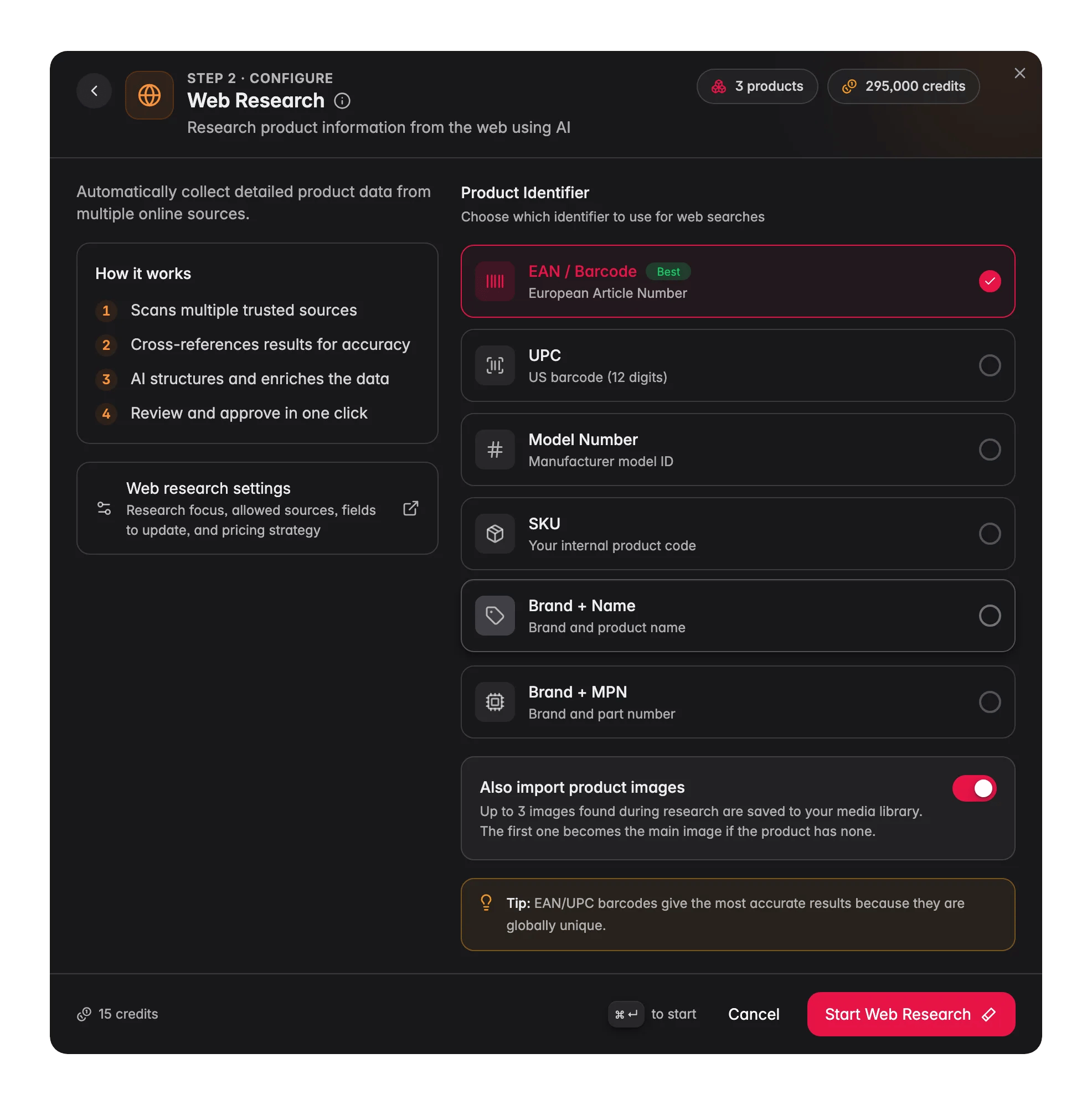 Enriching products with AI, web research in WISEPIM