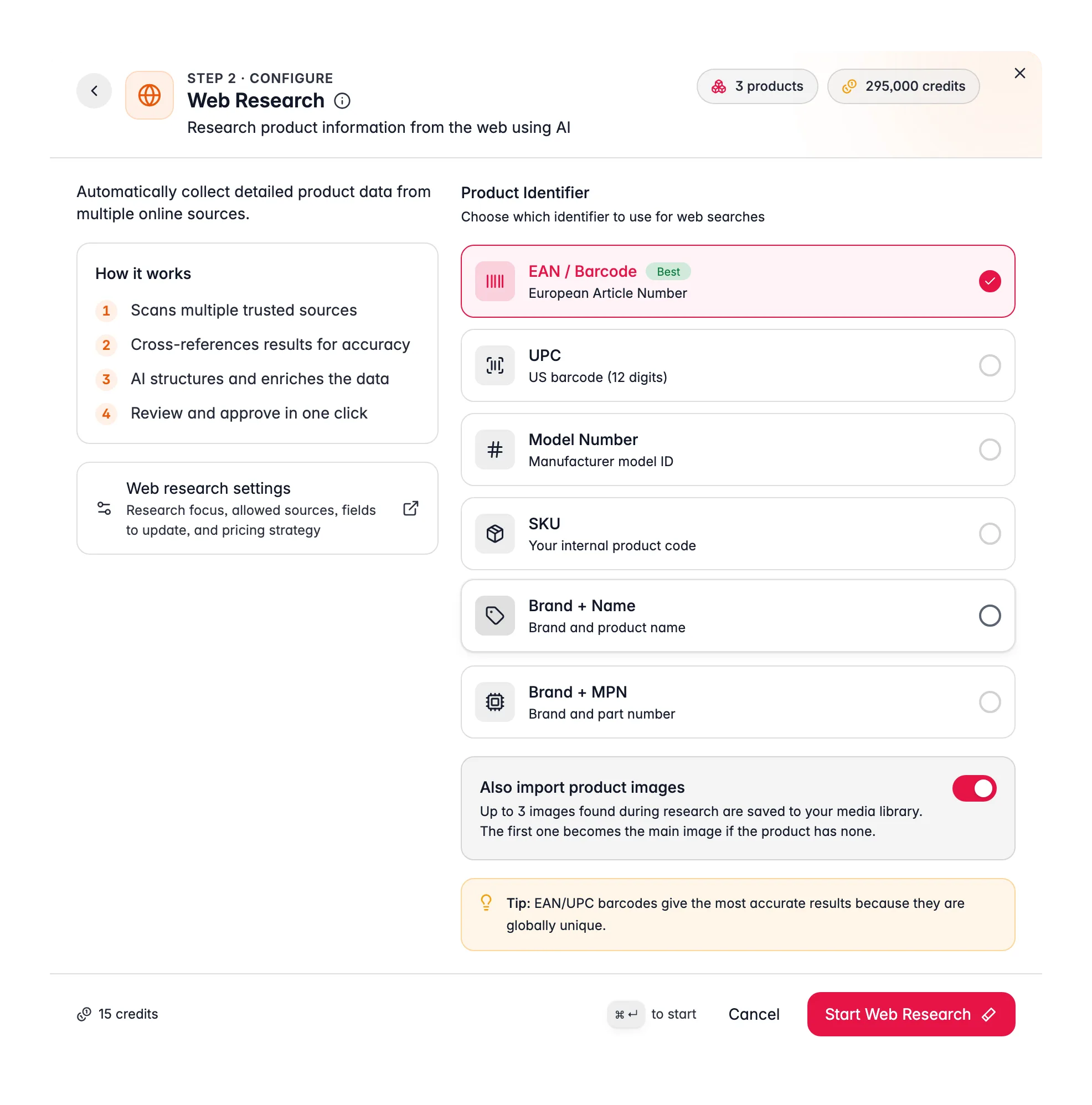 Enriching products with AI, web research in WISEPIM