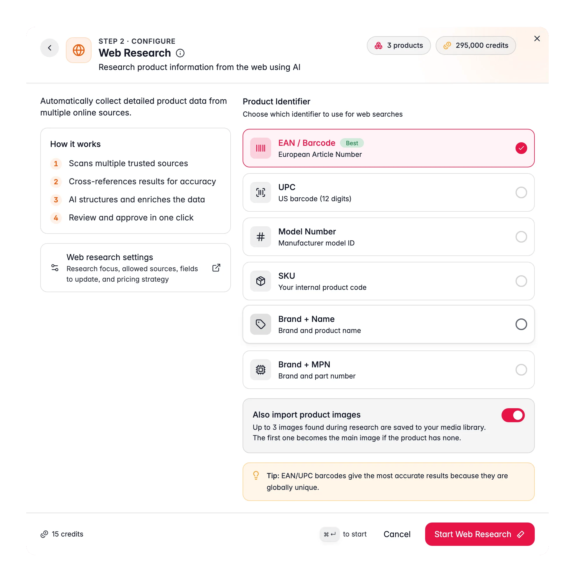 Enriching products with AI, web research in WISEPIM