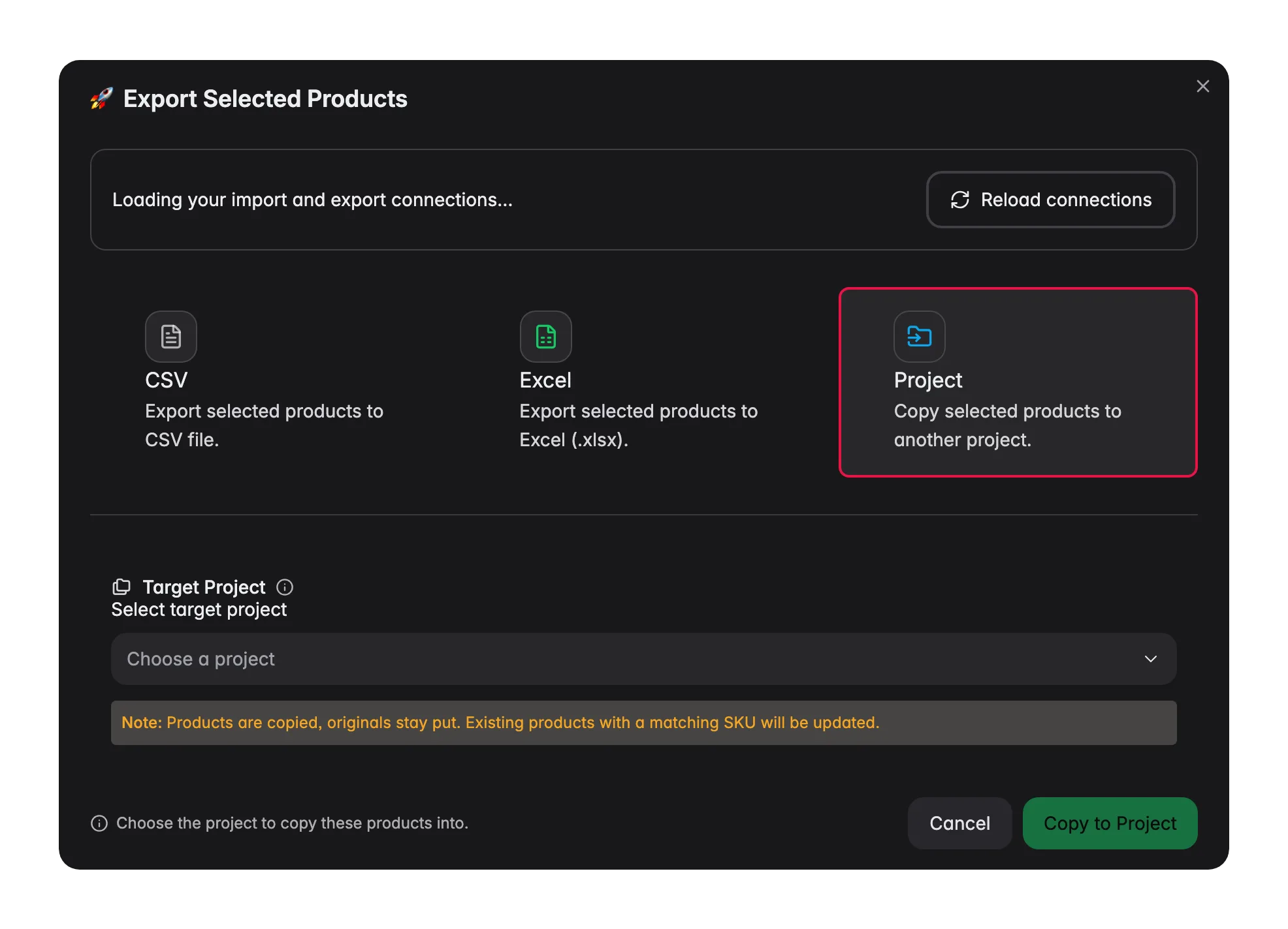 WISEPIM export modal copying selected products into another project with SKU-merge note