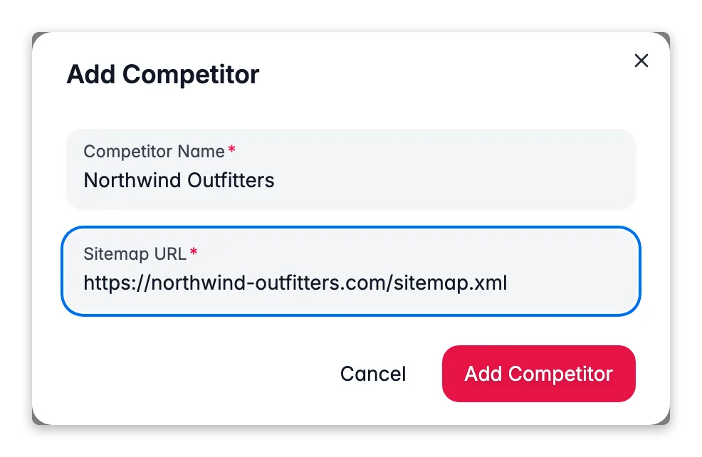 WISEPIM SEO add-competitor modal tracking a rival store by its sitemap URL
