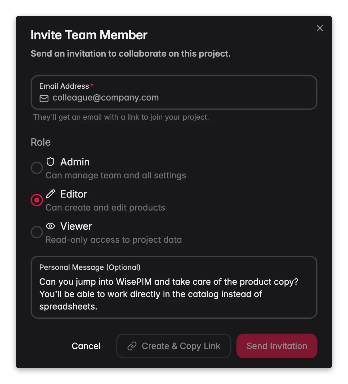WISEPIM invite team member modal with role presets and Admin/Editor/Viewer access levels