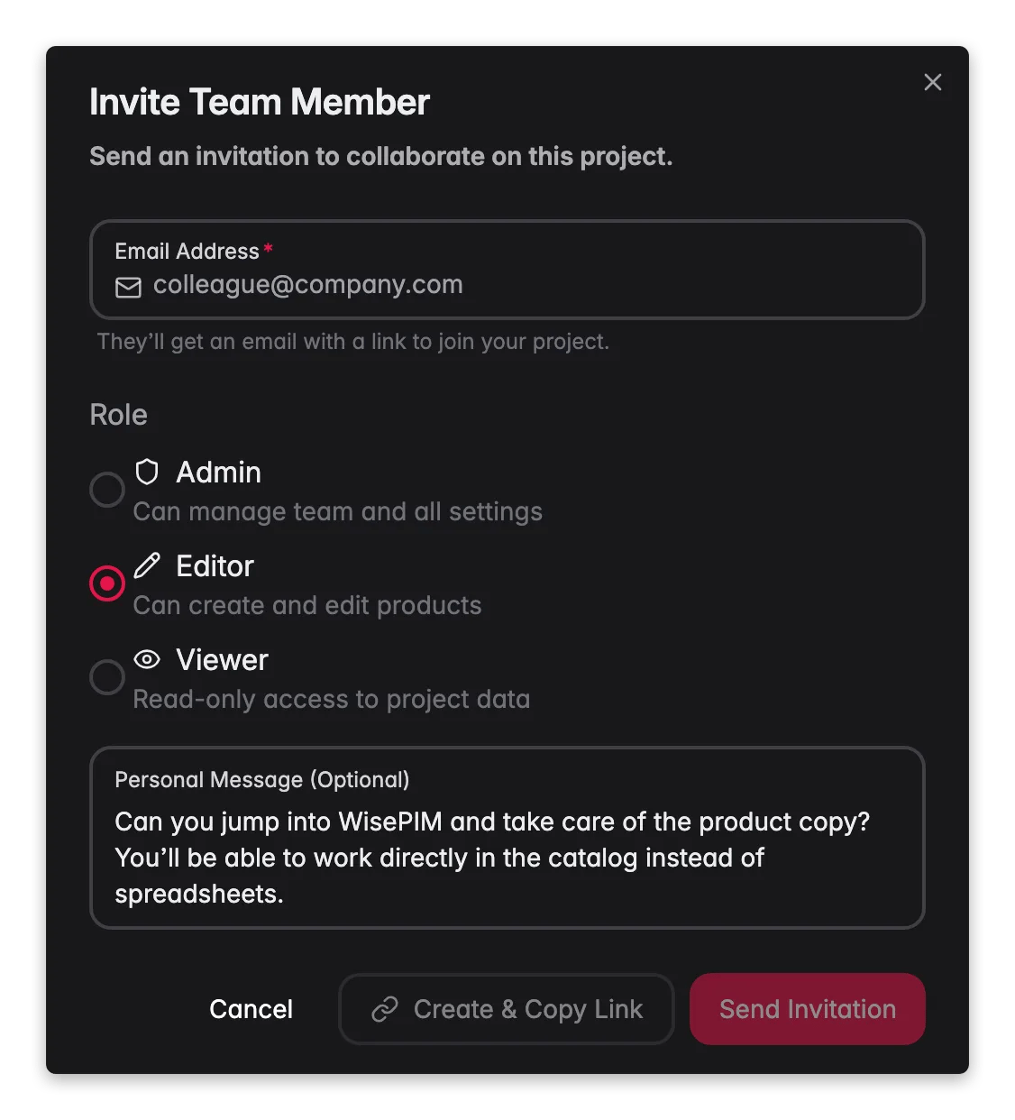 WISEPIM invite team member modal with role presets and Admin/Editor/Viewer access levels