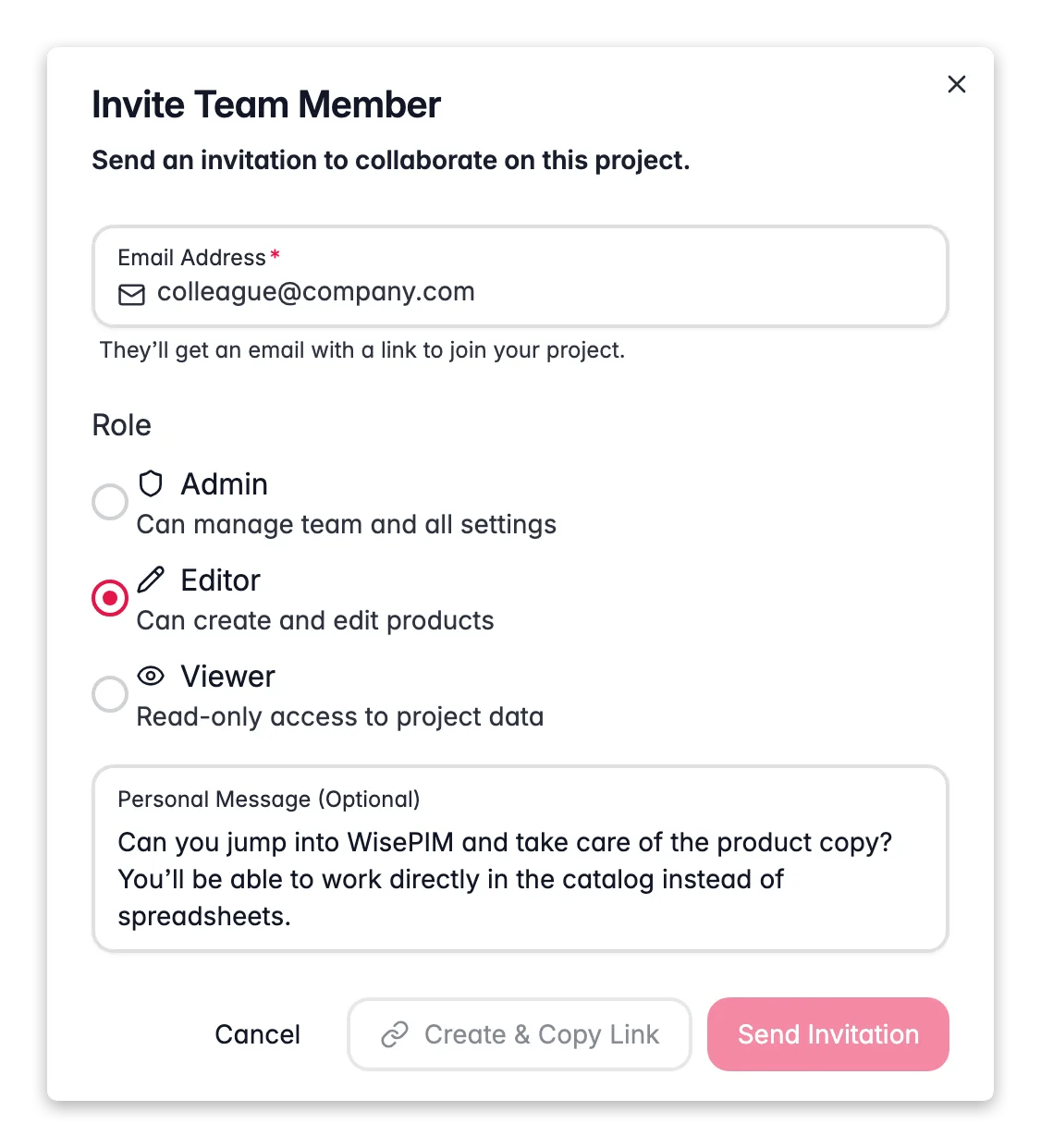 WISEPIM invite team member modal with role presets and Admin/Editor/Viewer access levels