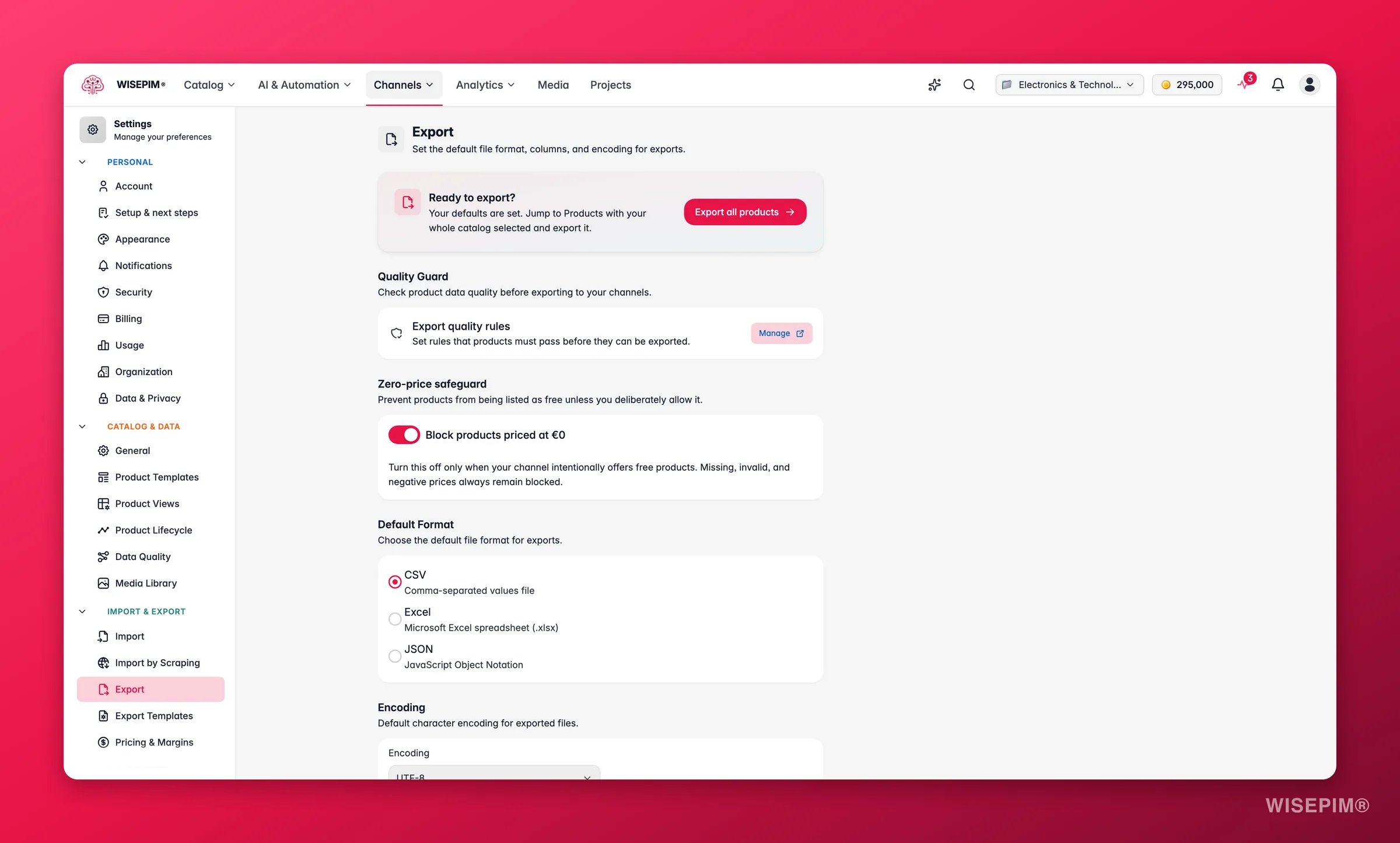 WISEPIM export settings with default format, encoding and Quality Guard export rules
