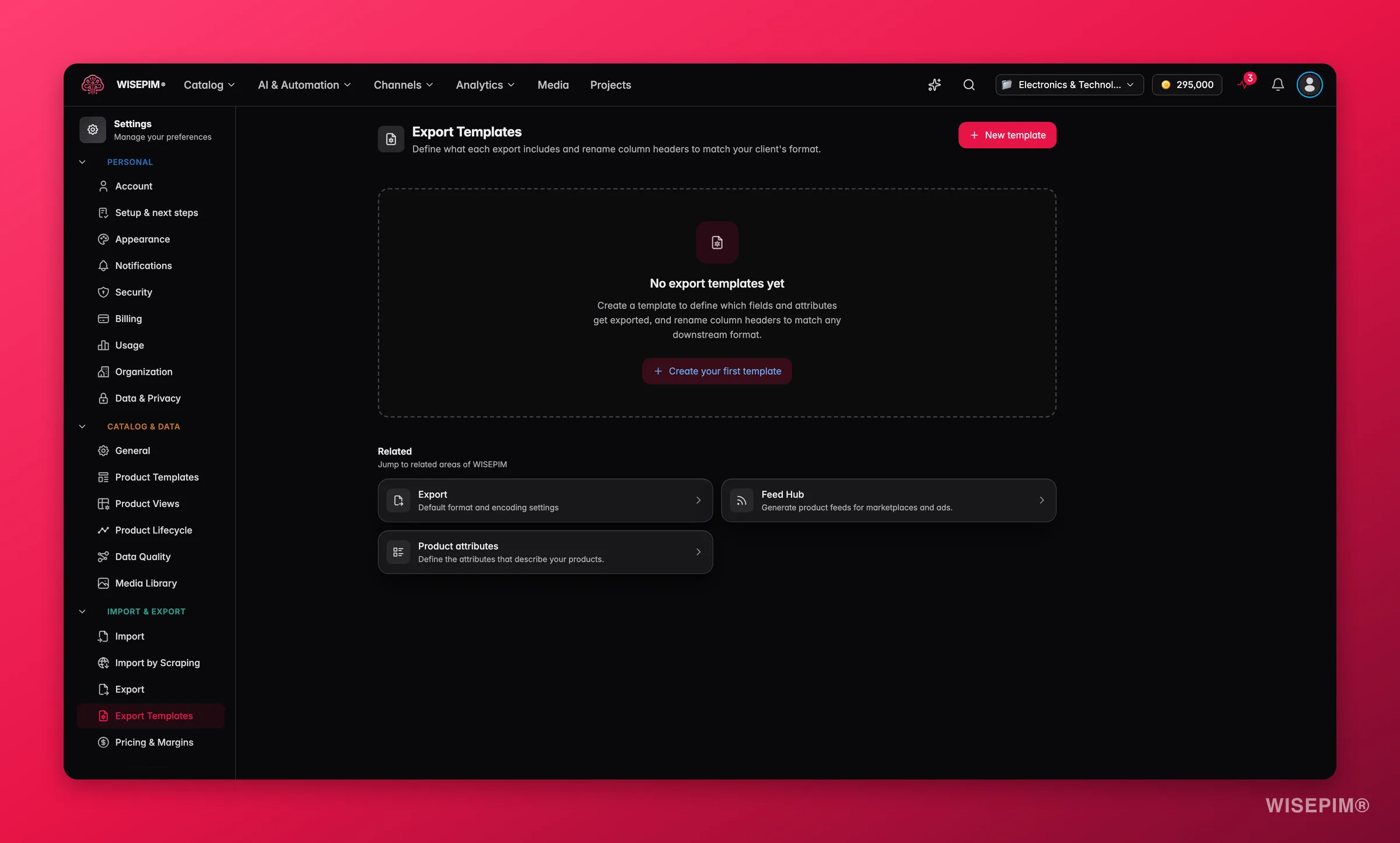 WISEPIM export templates mapping fields per channel