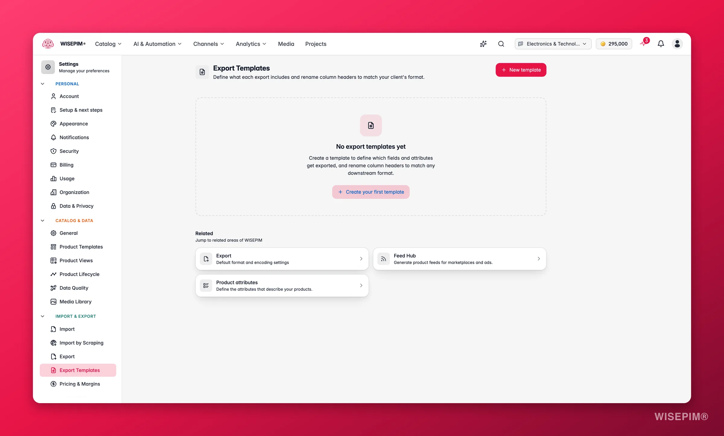 WISEPIM export templates mapping fields per channel